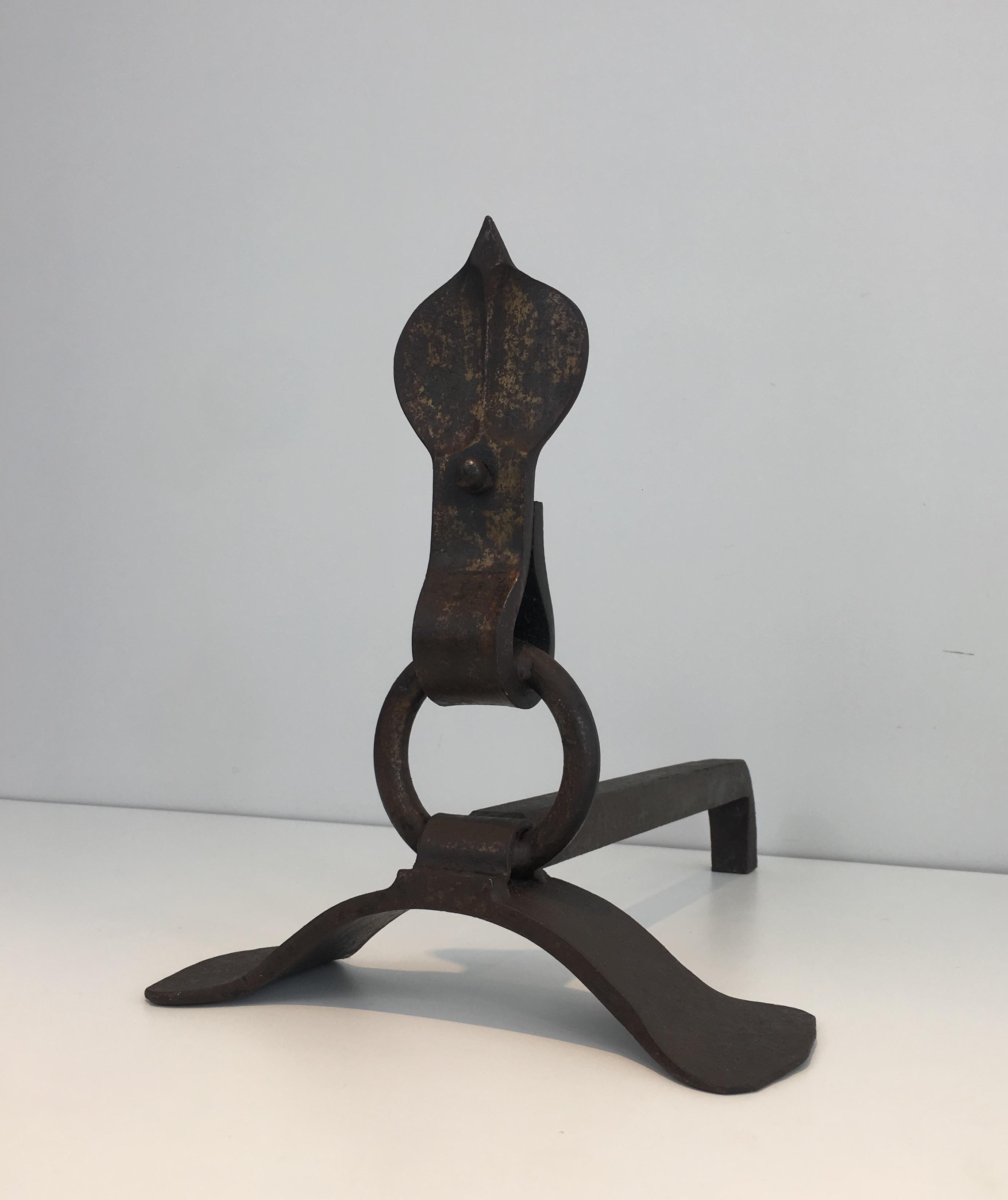 Pair of Modernist Wrought Iron Andirons, French, circa 1940 2