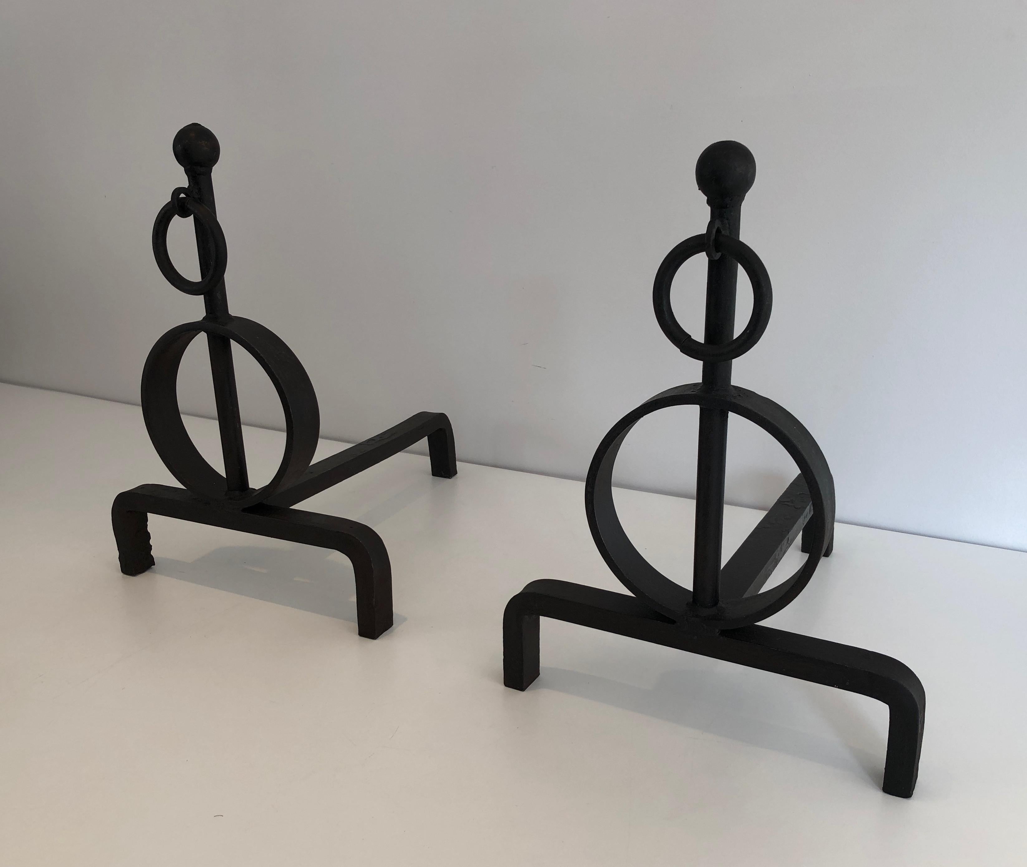Pair of Modernist Wrought Iron Andirons, French, Circa 1970 7