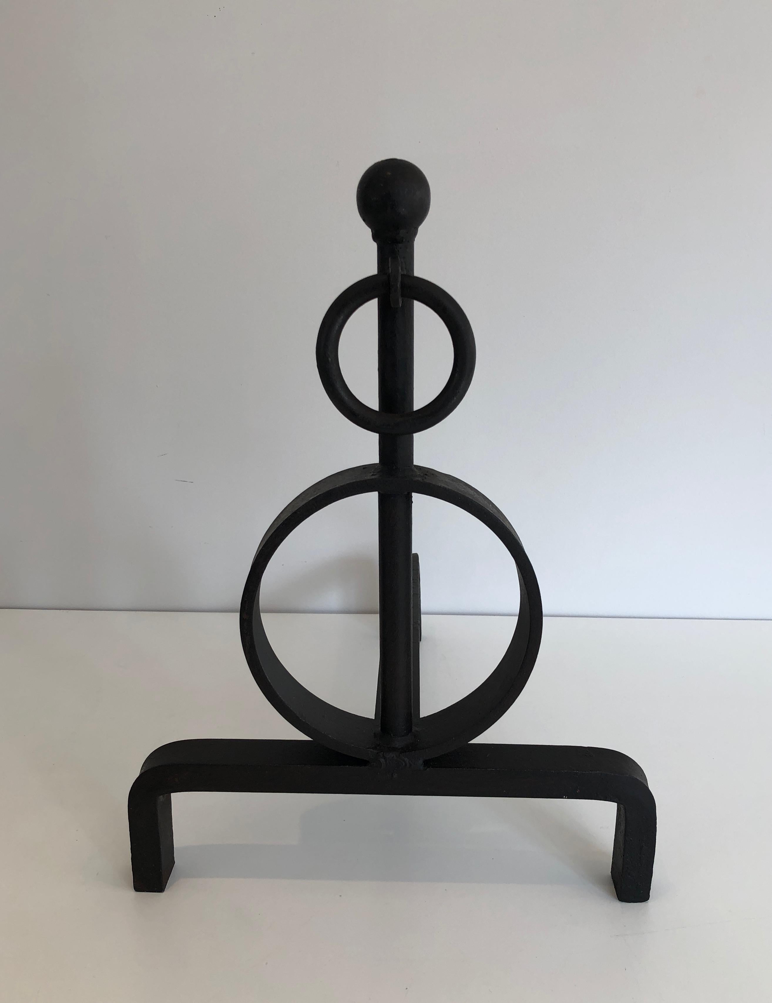 Pair of Modernist Wrought Iron Andirons, French, Circa 1970 9