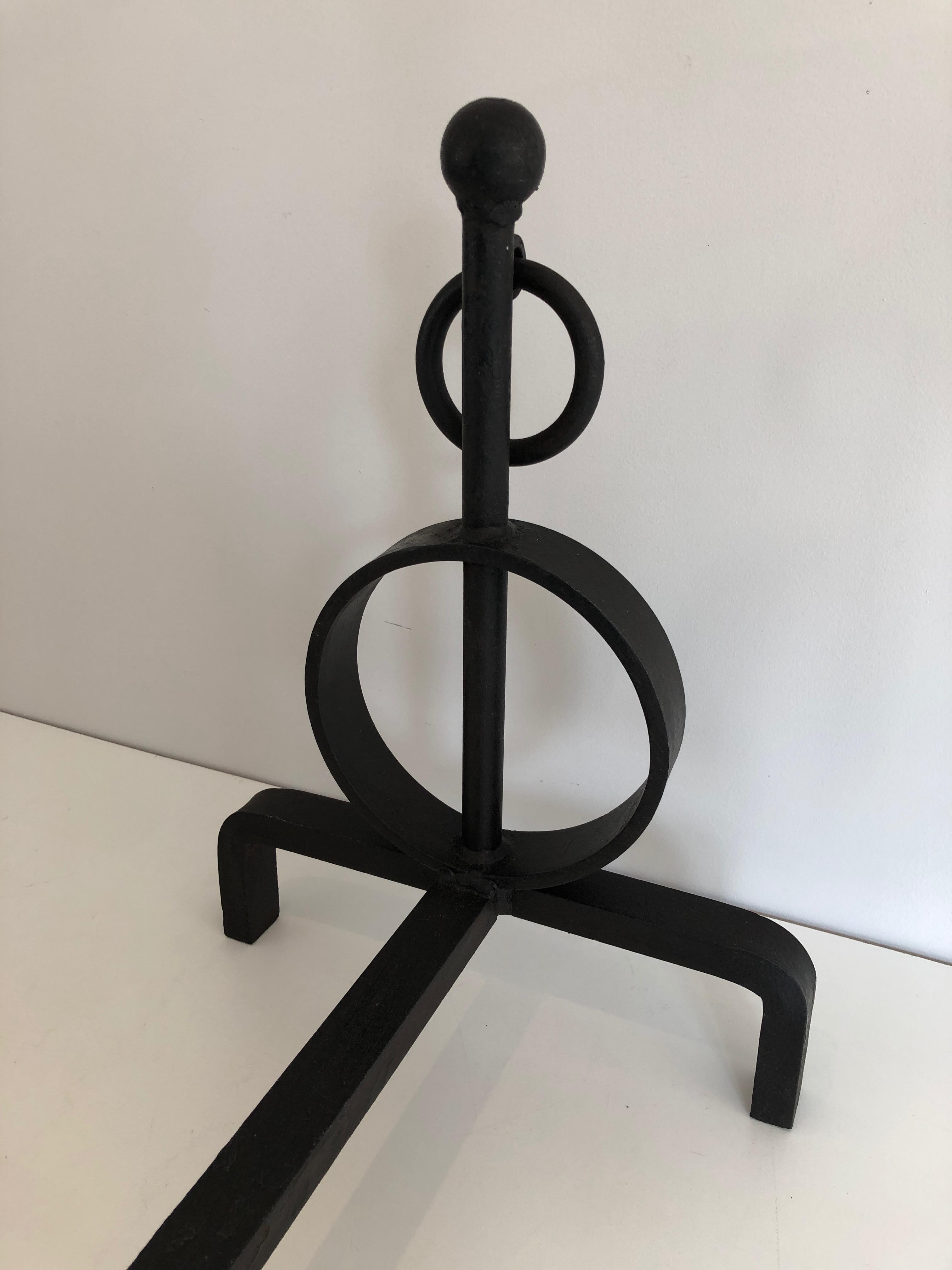 Pair of Modernist Wrought Iron Andirons, French, Circa 1970 10