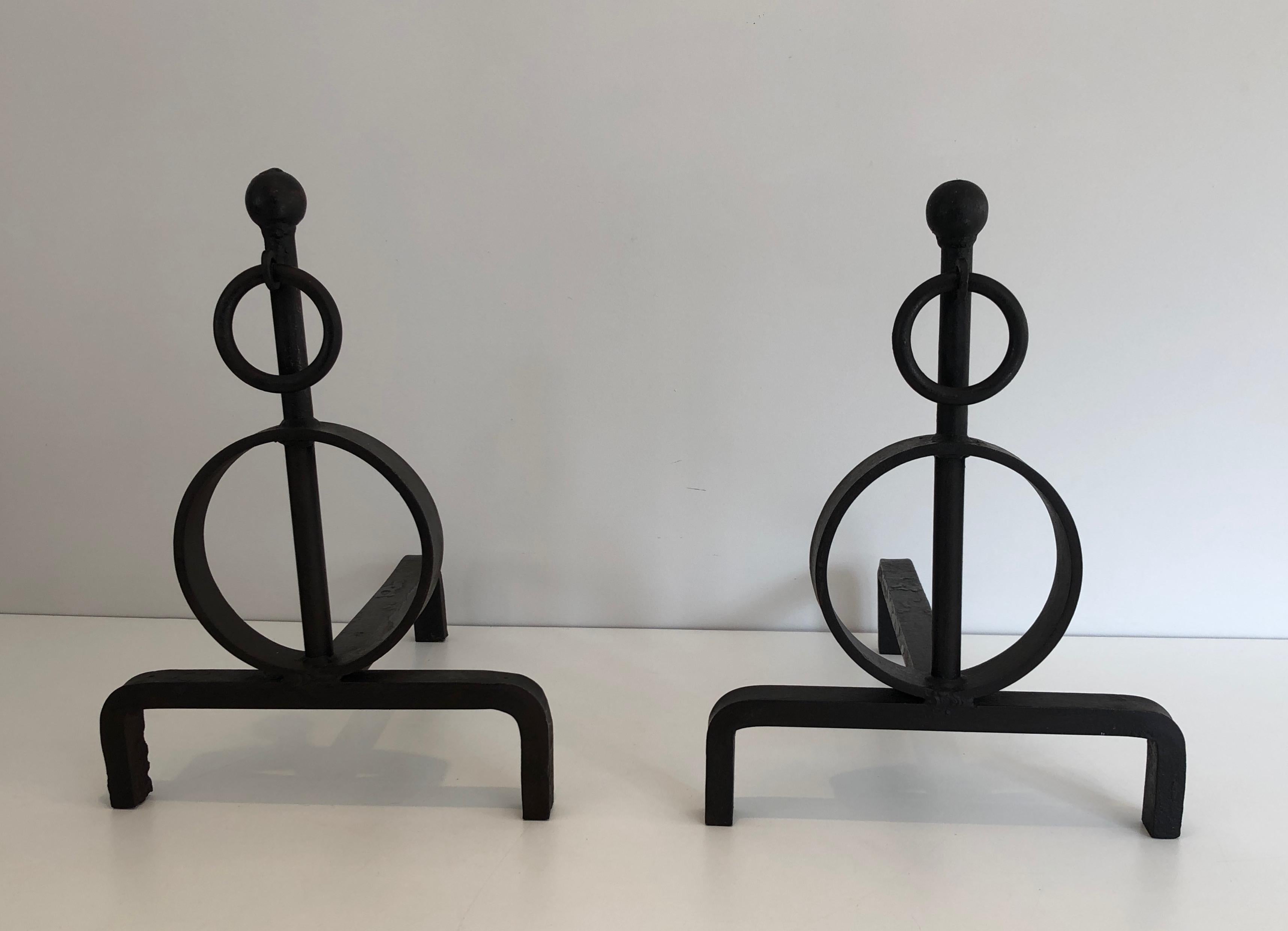 Pair of Modernist Wrought Iron Andirons, French, Circa 1970 11