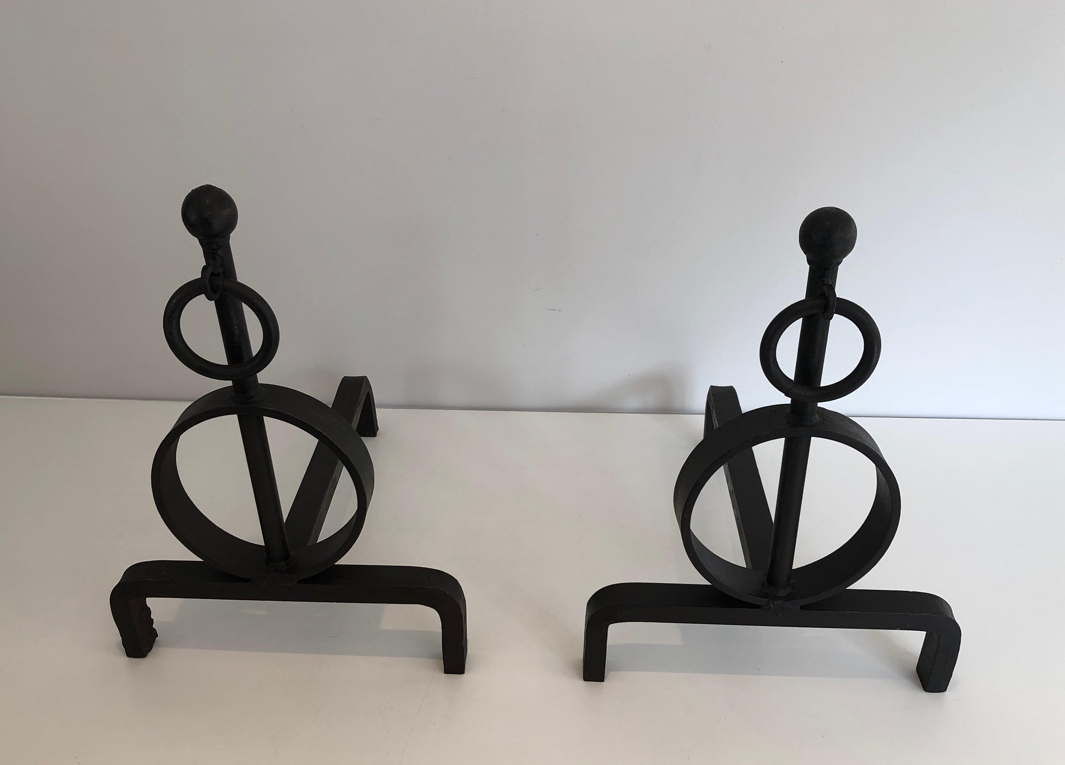 Pair of Modernist Wrought Iron Andirons, French, Circa 1970 12