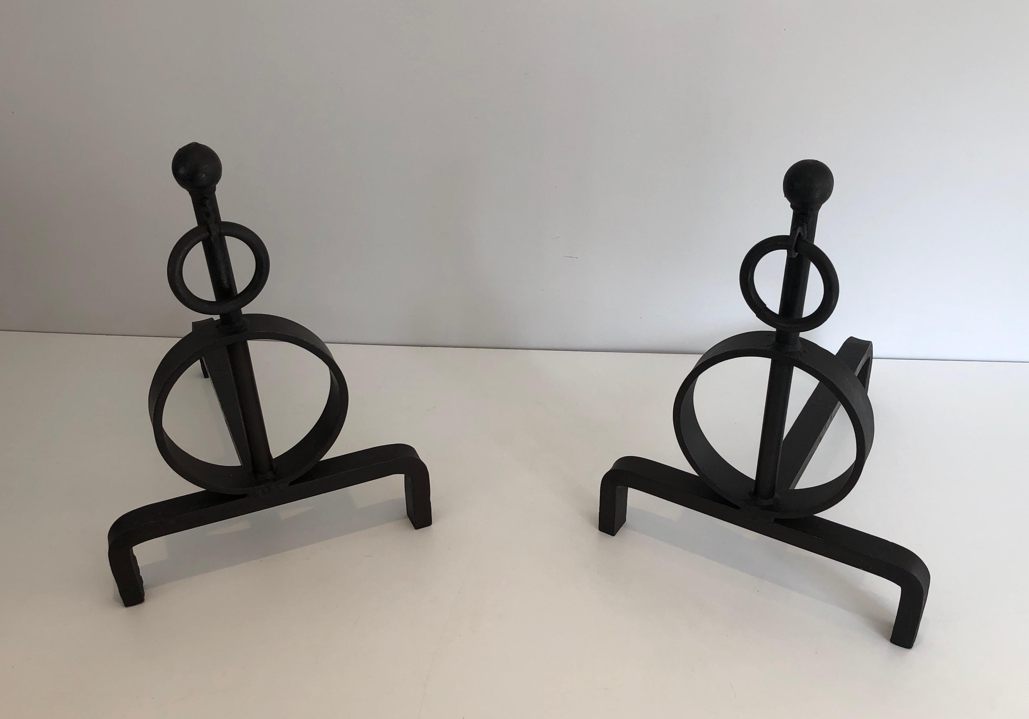 Pair of Modernist Wrought Iron Andirons, French, Circa 1970 13