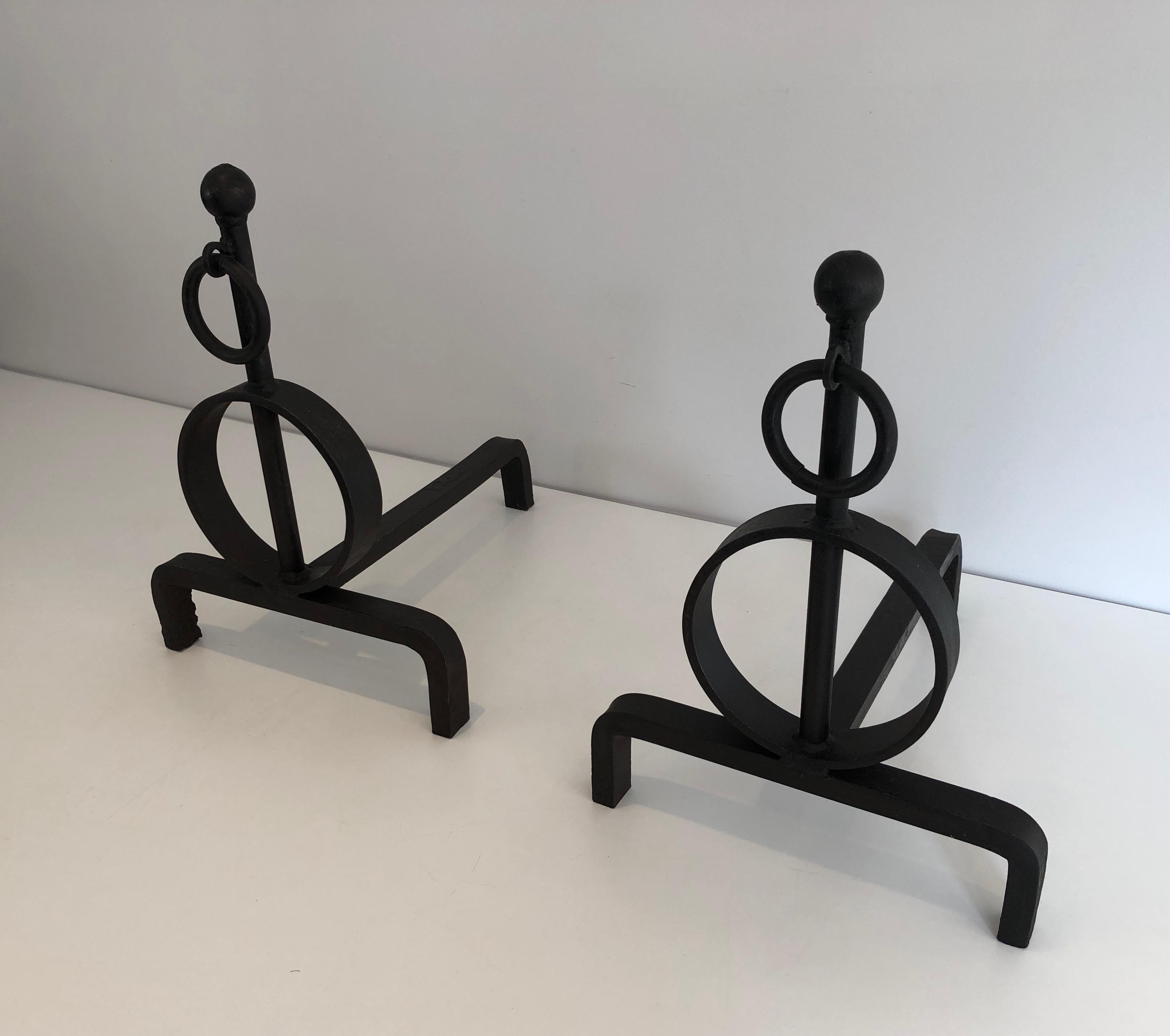 Pair of Modernist Wrought Iron Andirons, French, Circa 1970 14