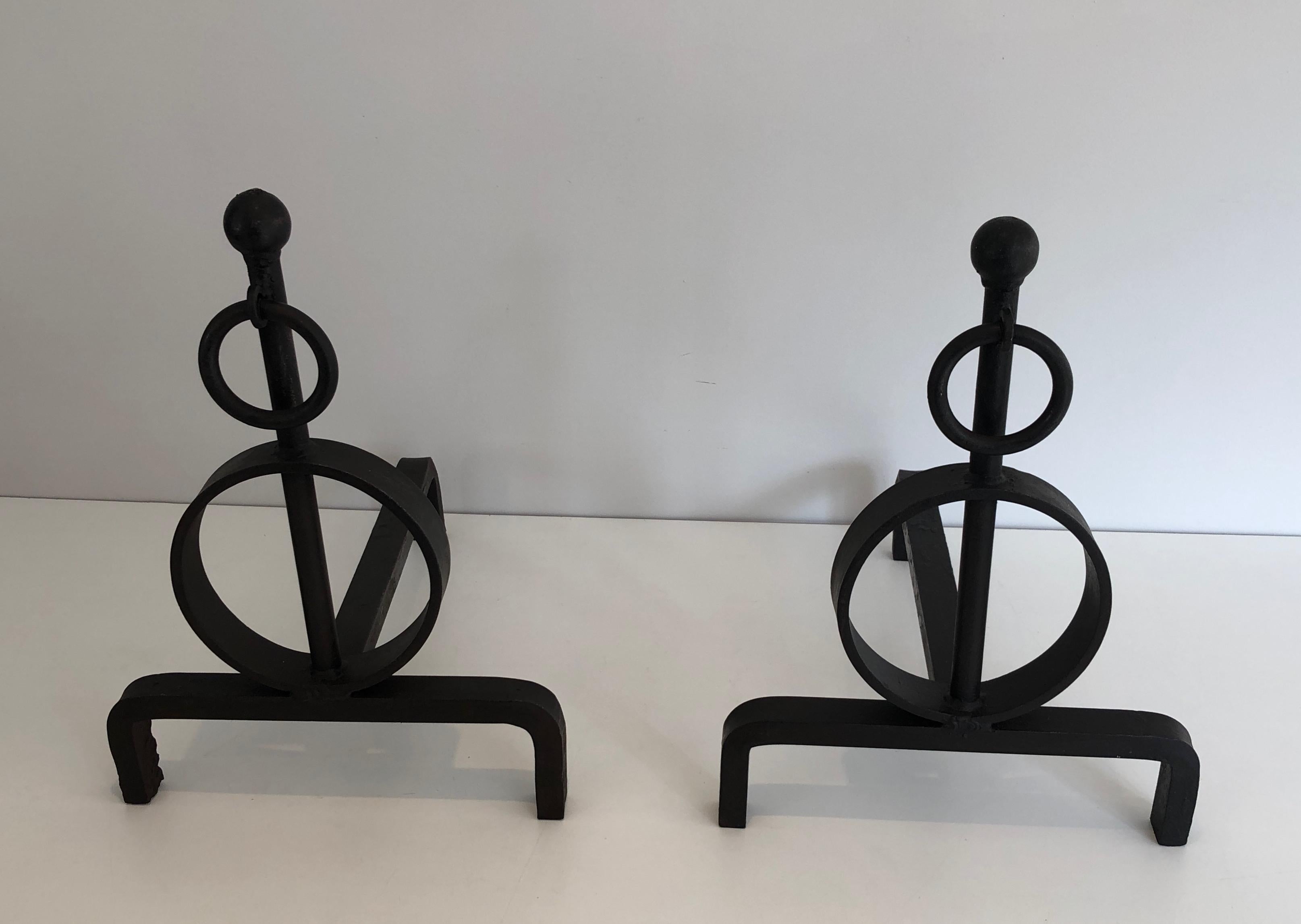 Pair of Modernist Wrought Iron Andirons, French, Circa 1970 15