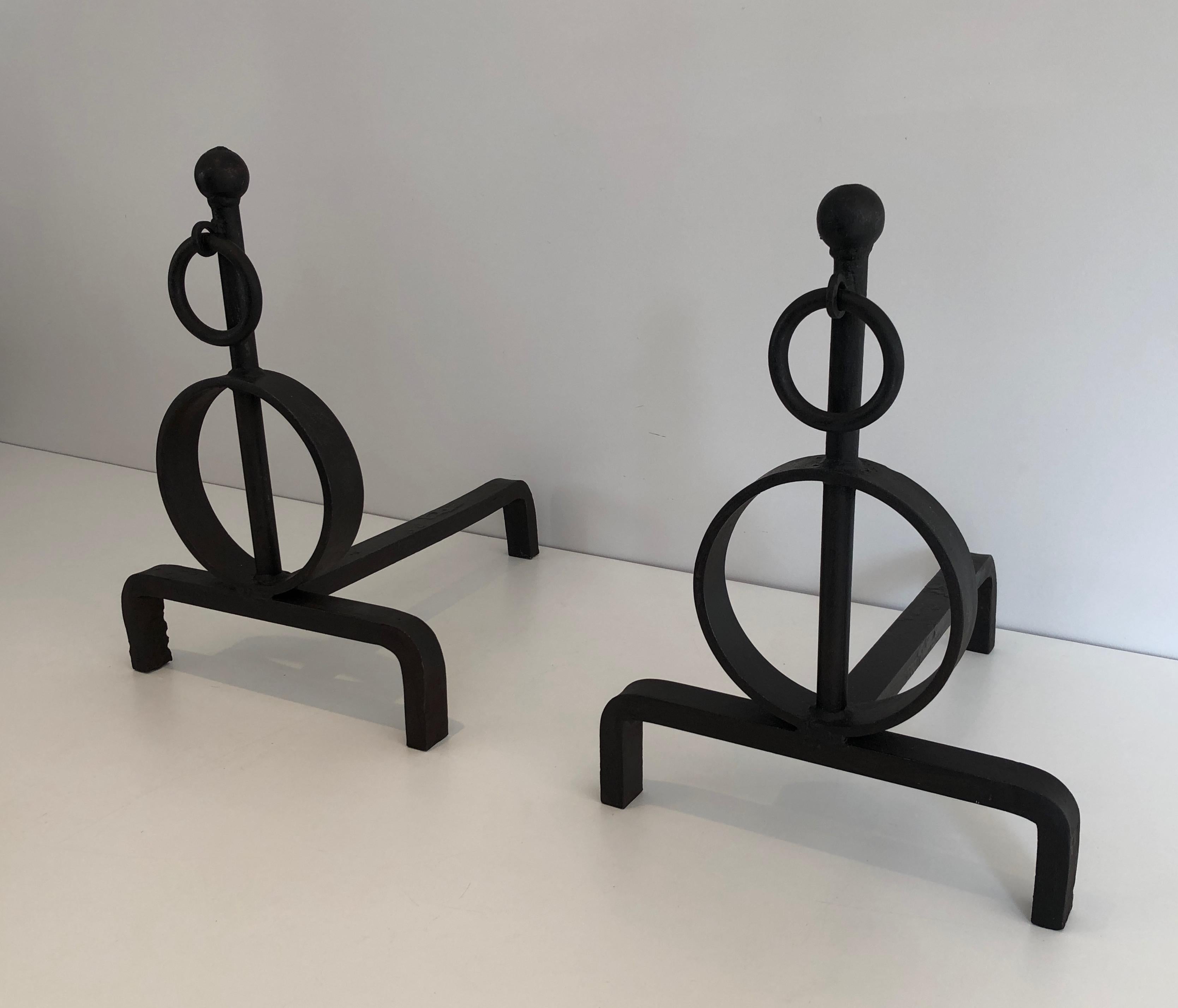 Mid-Century Modern Pair of Modernist Wrought Iron Andirons, French, Circa 1970