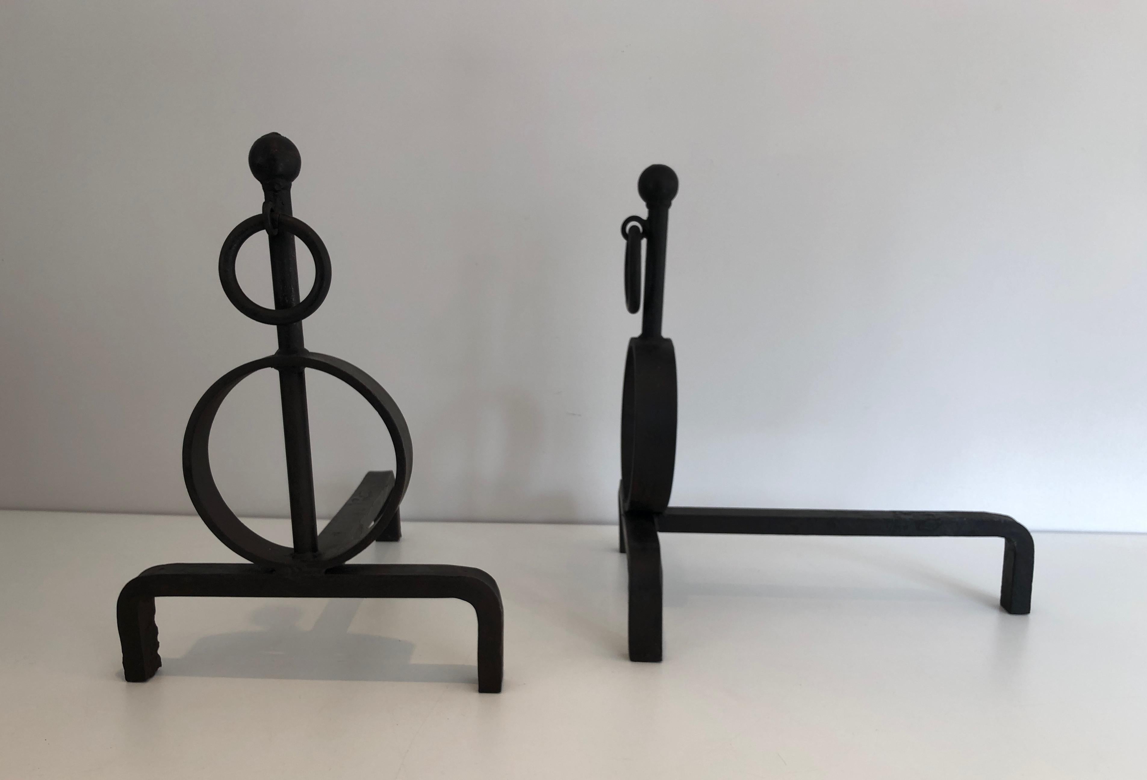 Pair of Modernist Wrought Iron Andirons, French, Circa 1970 In Good Condition In Marcq-en-Barœul, Hauts-de-France