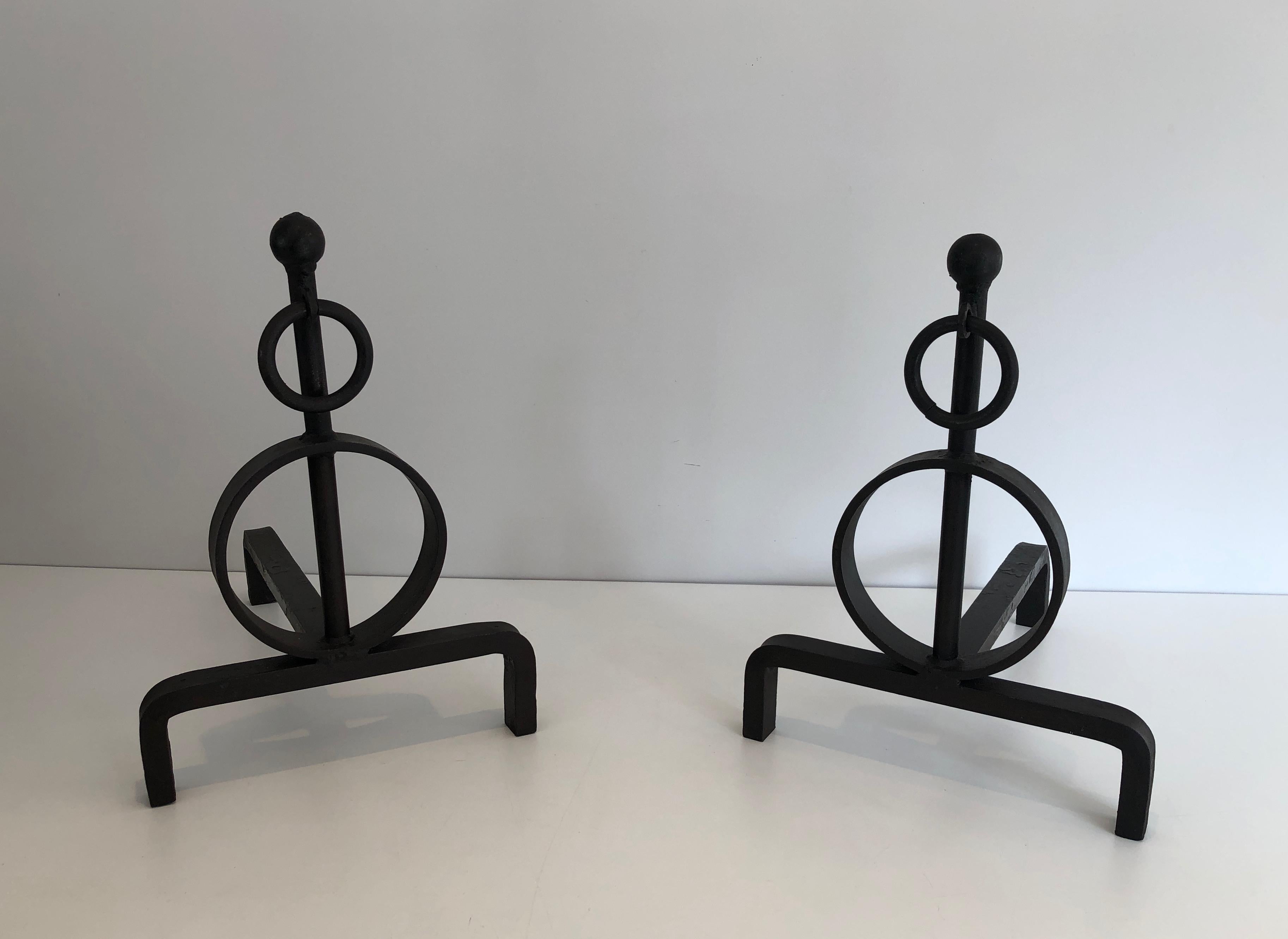 Pair of Modernist Wrought Iron Andirons, French, Circa 1970 4