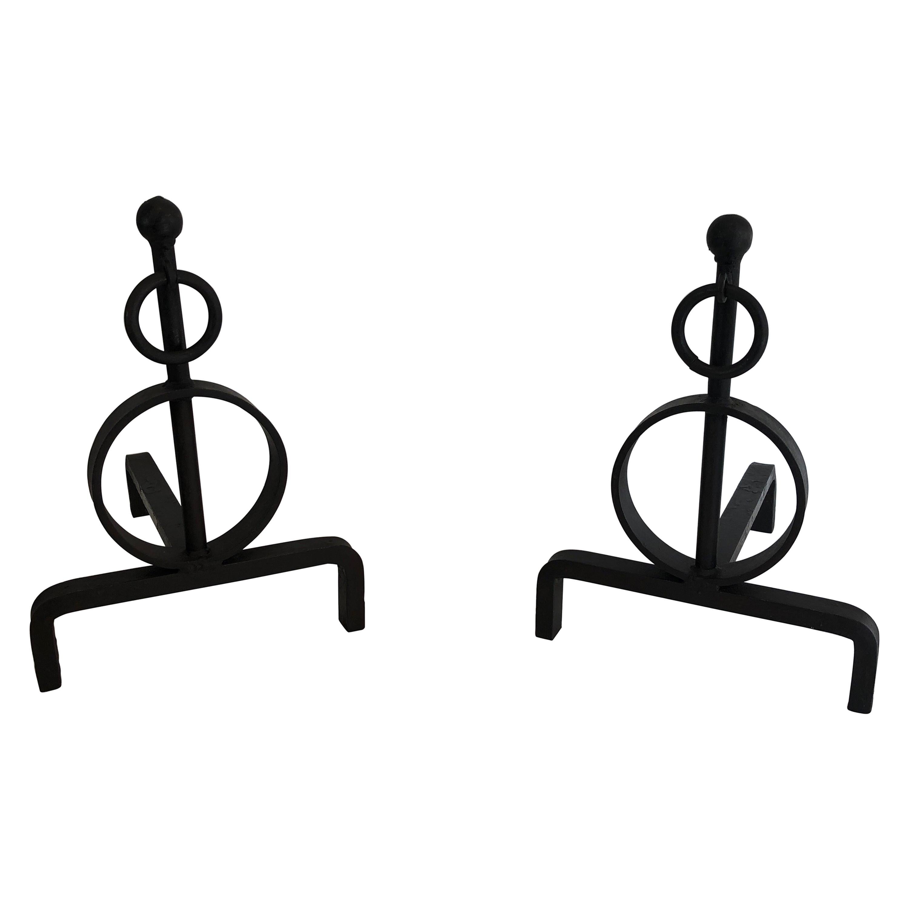 Pair of Modernist Wrought Iron Andirons, French, Circa 1970