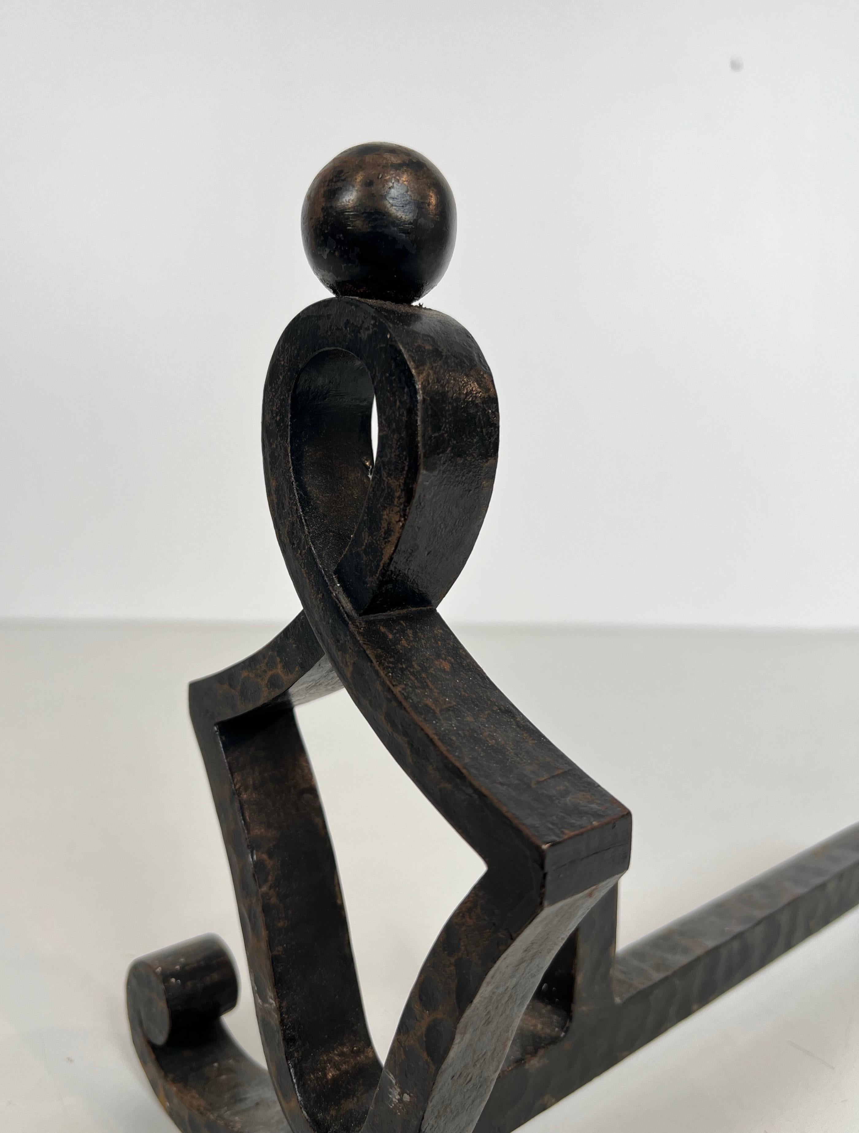Pair of Modernist Wrought Iron Andirons. French Work. Circa 1940 For Sale 7
