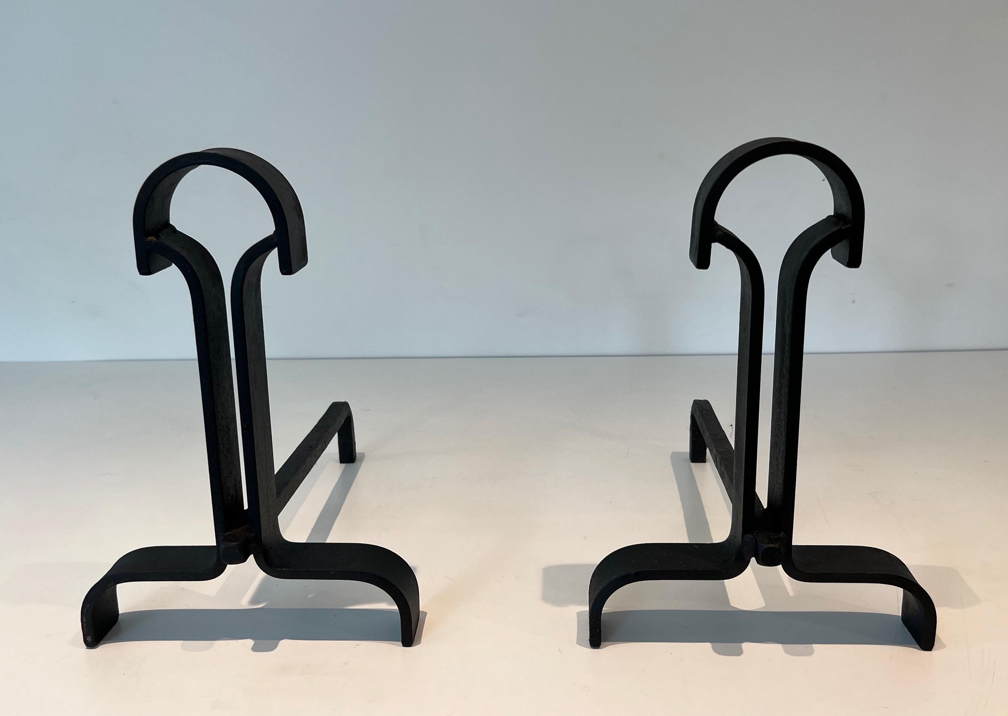 Pair of modernist wrought iron andirons. French work. Circa 1940 For Sale 10