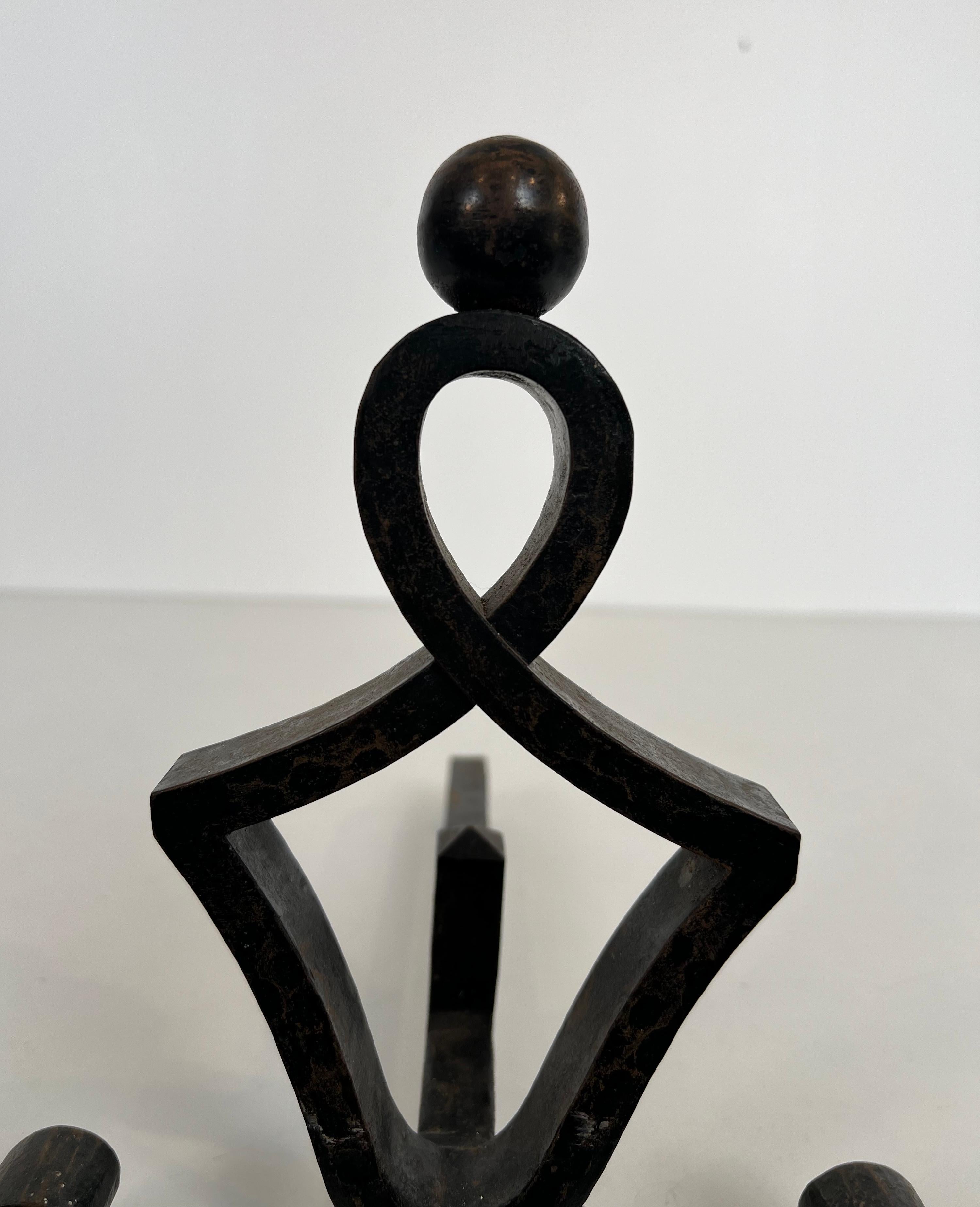 Pair of Modernist Wrought Iron Andirons. French Work. Circa 1940 For Sale 13