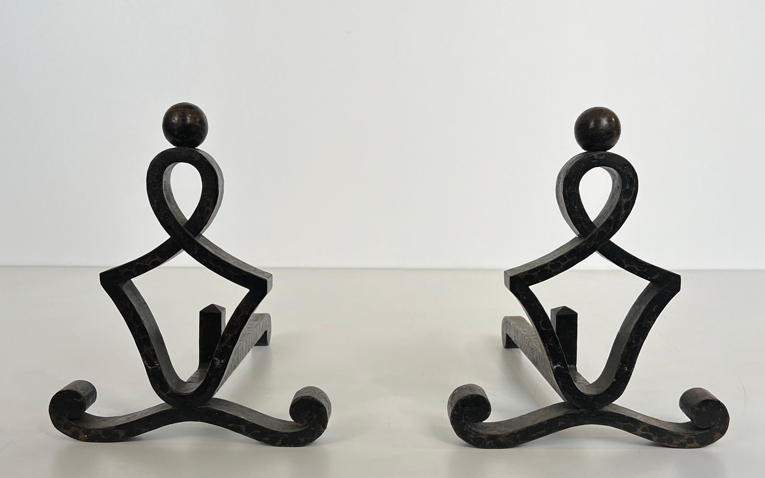 Pair of Modernist Wrought Iron Andirons. French Work. Circa 1940 For Sale 15
