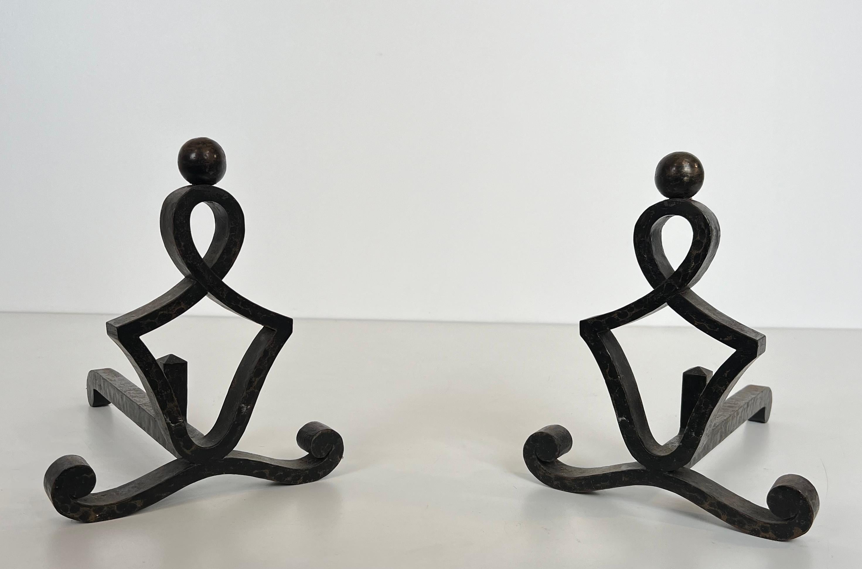 Mid-Century Modern Pair of Modernist Wrought Iron Andirons. French Work. Circa 1940 For Sale