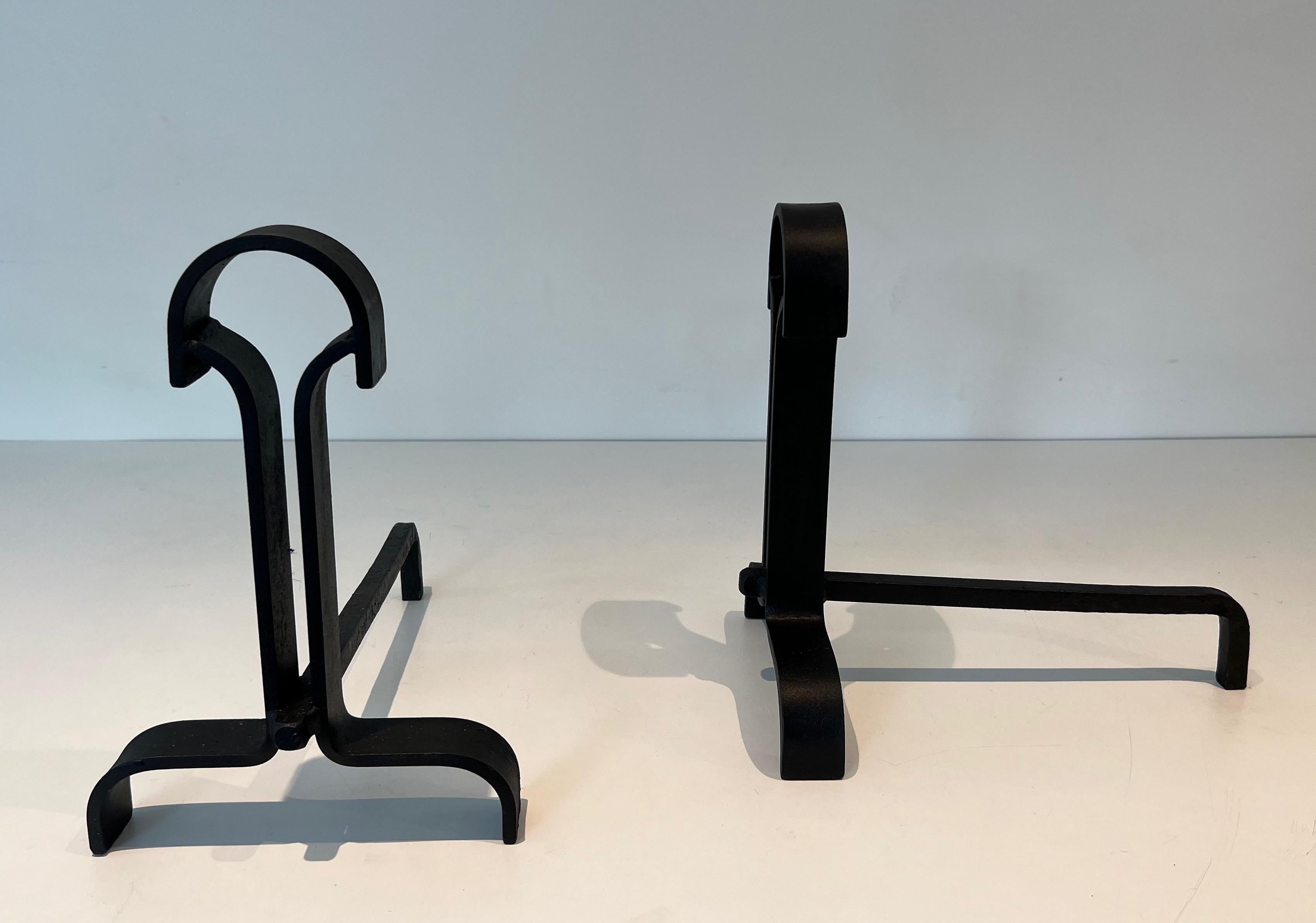 Mid-20th Century Pair of modernist wrought iron andirons. French work. Circa 1940 For Sale