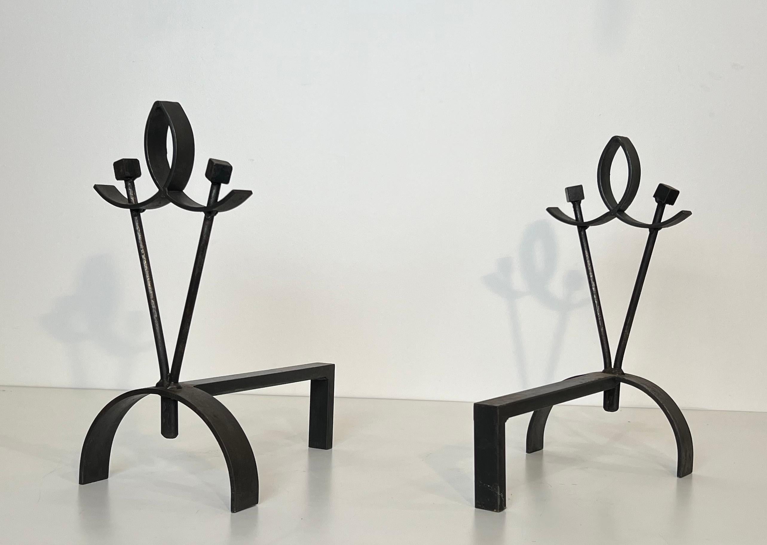 Mid-20th Century Pair of modernist wrought iron andirons. French work. Circa 1940 For Sale