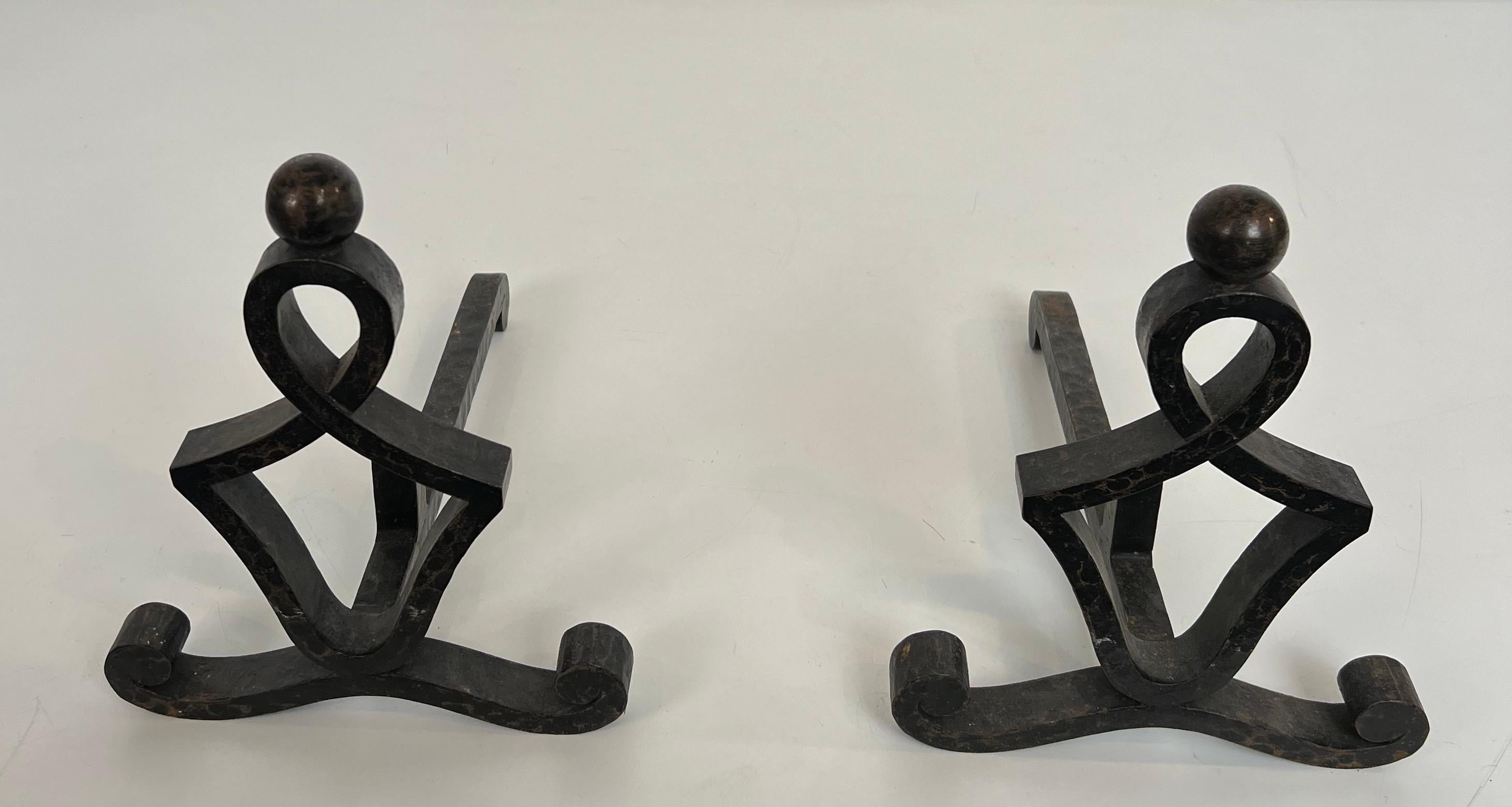 Mid-20th Century Pair of Modernist Wrought Iron Andirons. French Work. Circa 1940 For Sale