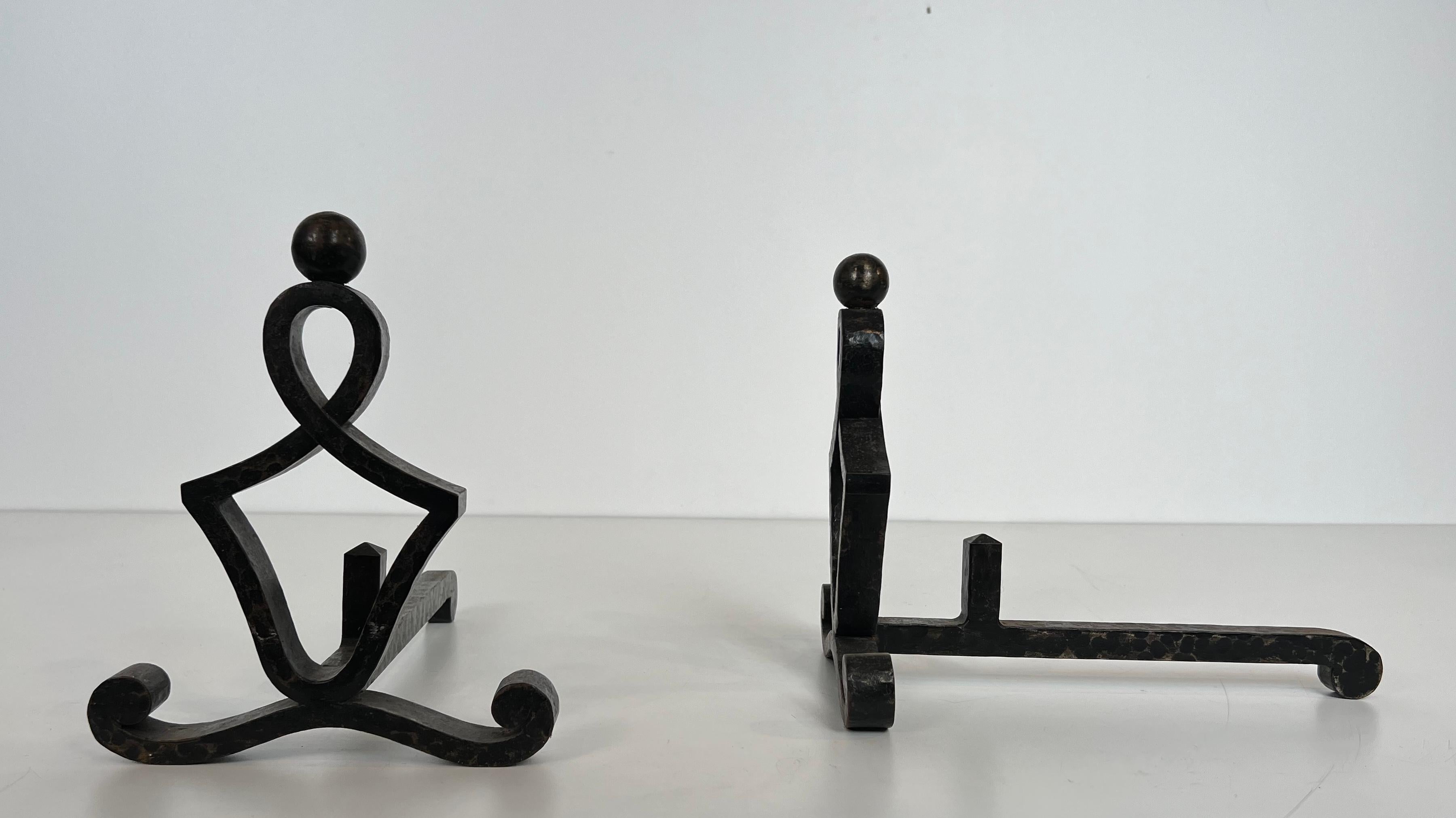 Pair of Modernist Wrought Iron Andirons. French Work. Circa 1940 For Sale 1