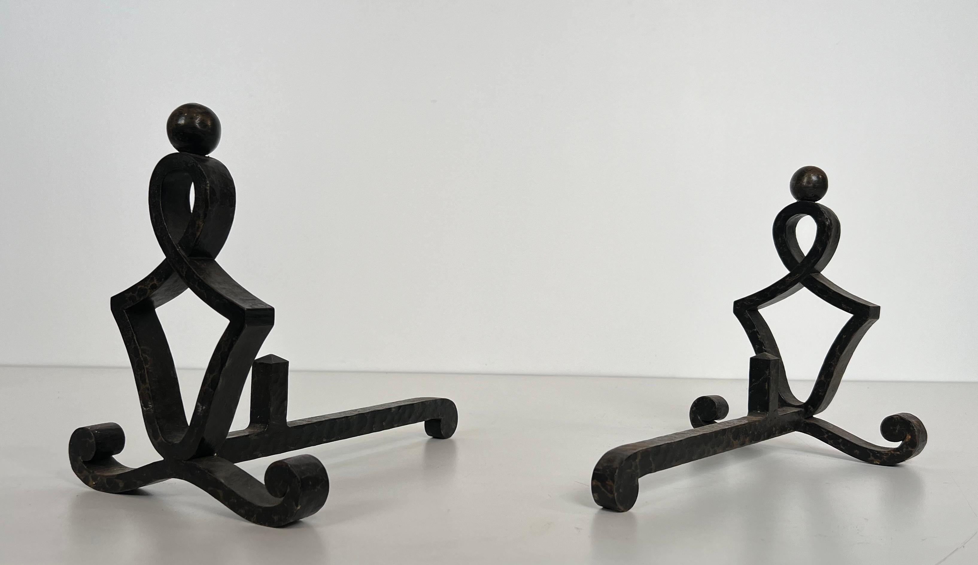 Pair of Modernist Wrought Iron Andirons. French Work. Circa 1940 For Sale 2