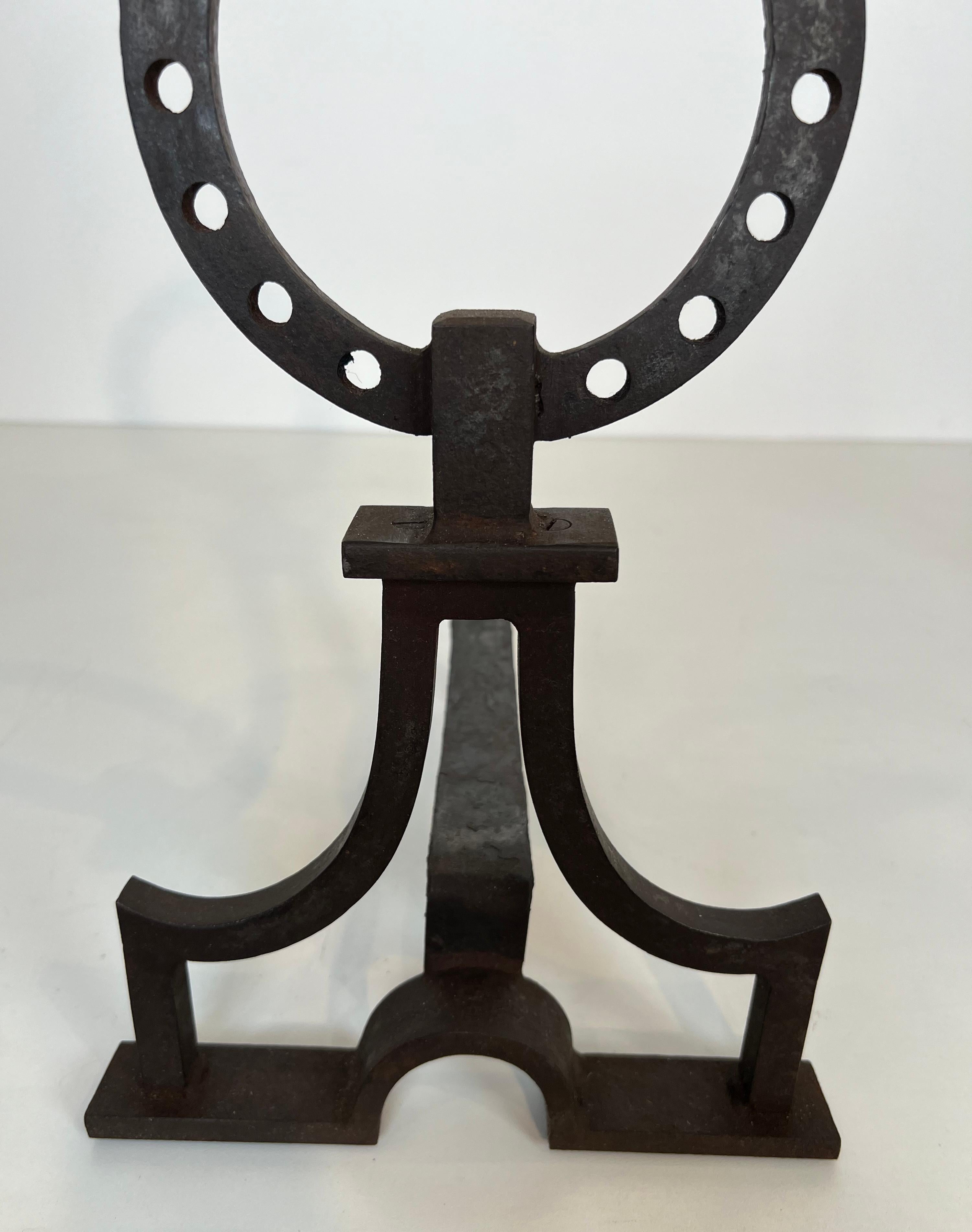 Pair of modernist wrought iron andirons in the style of Gilbert Poillerat For Sale 3