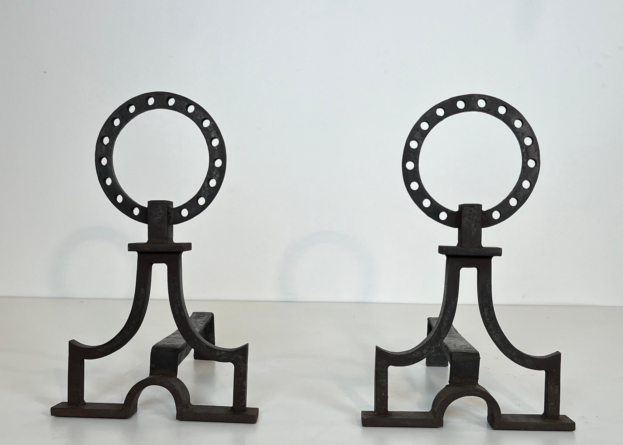 Pair of modernist wrought iron andirons in the style of Gilbert Poillerat For Sale 5