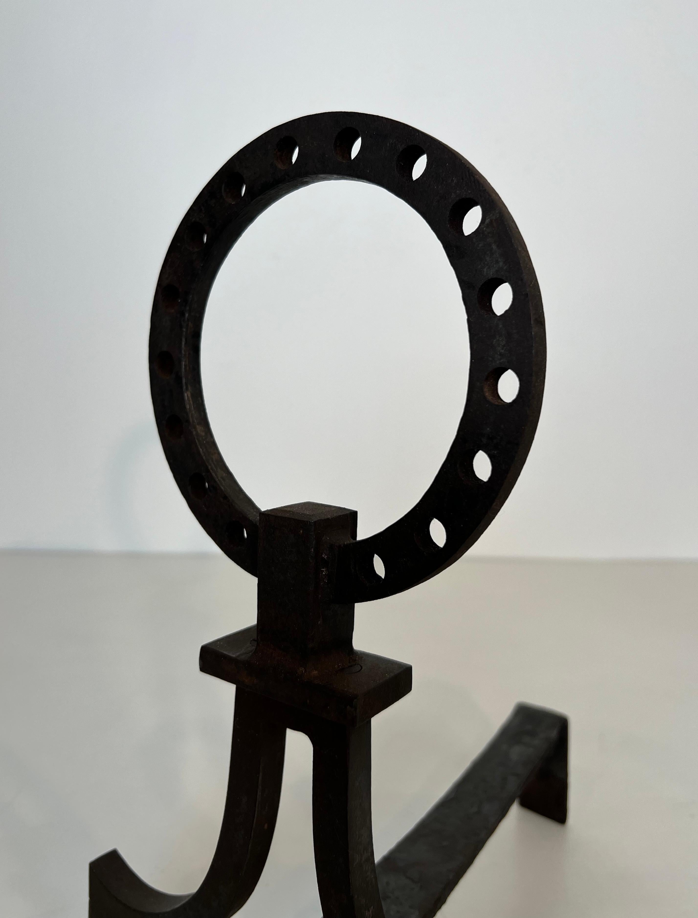 Pair of modernist wrought iron andirons in the style of Gilbert Poillerat For Sale 6