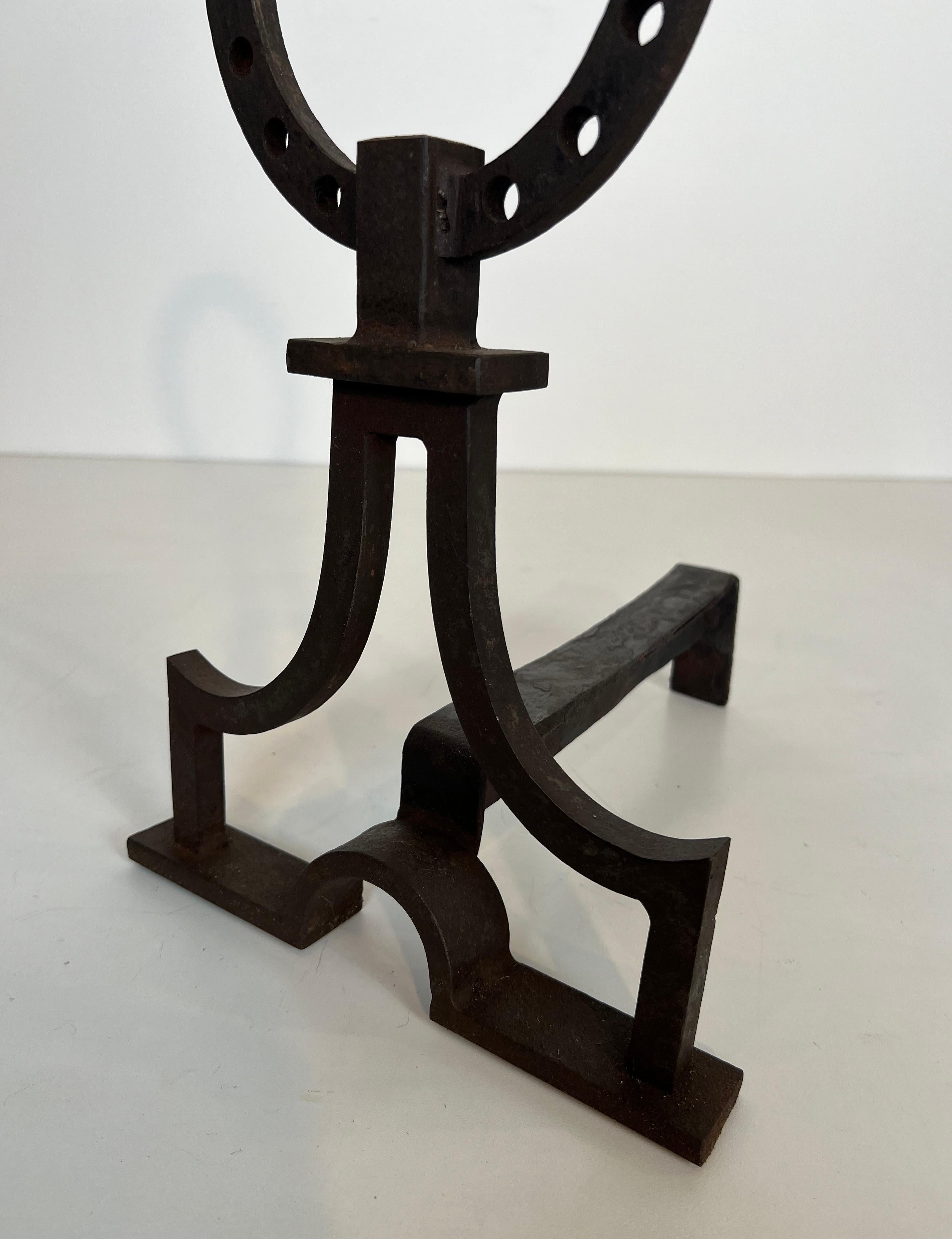 Pair of modernist wrought iron andirons in the style of Gilbert Poillerat For Sale 7