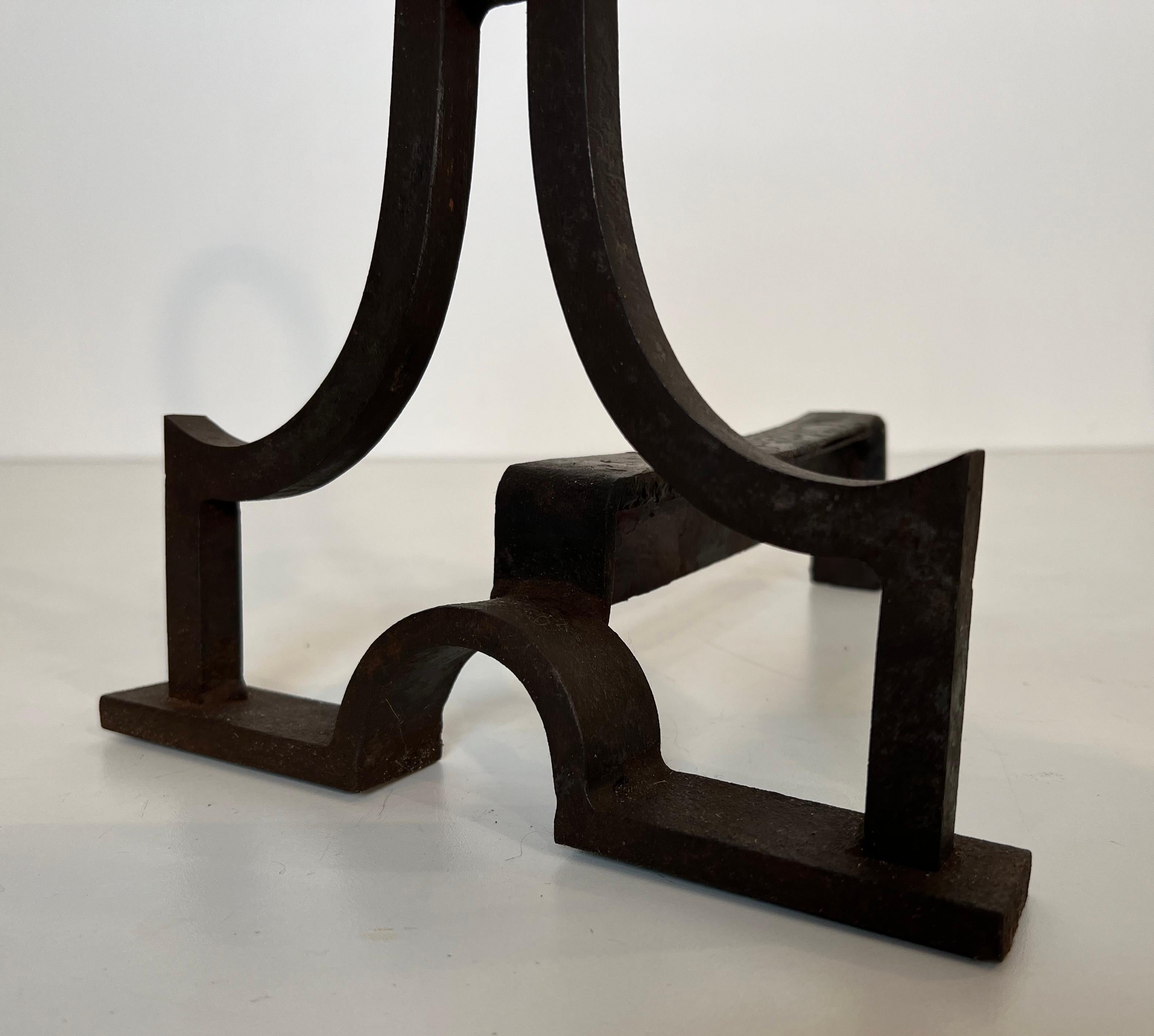 Pair of modernist wrought iron andirons in the style of Gilbert Poillerat For Sale 8