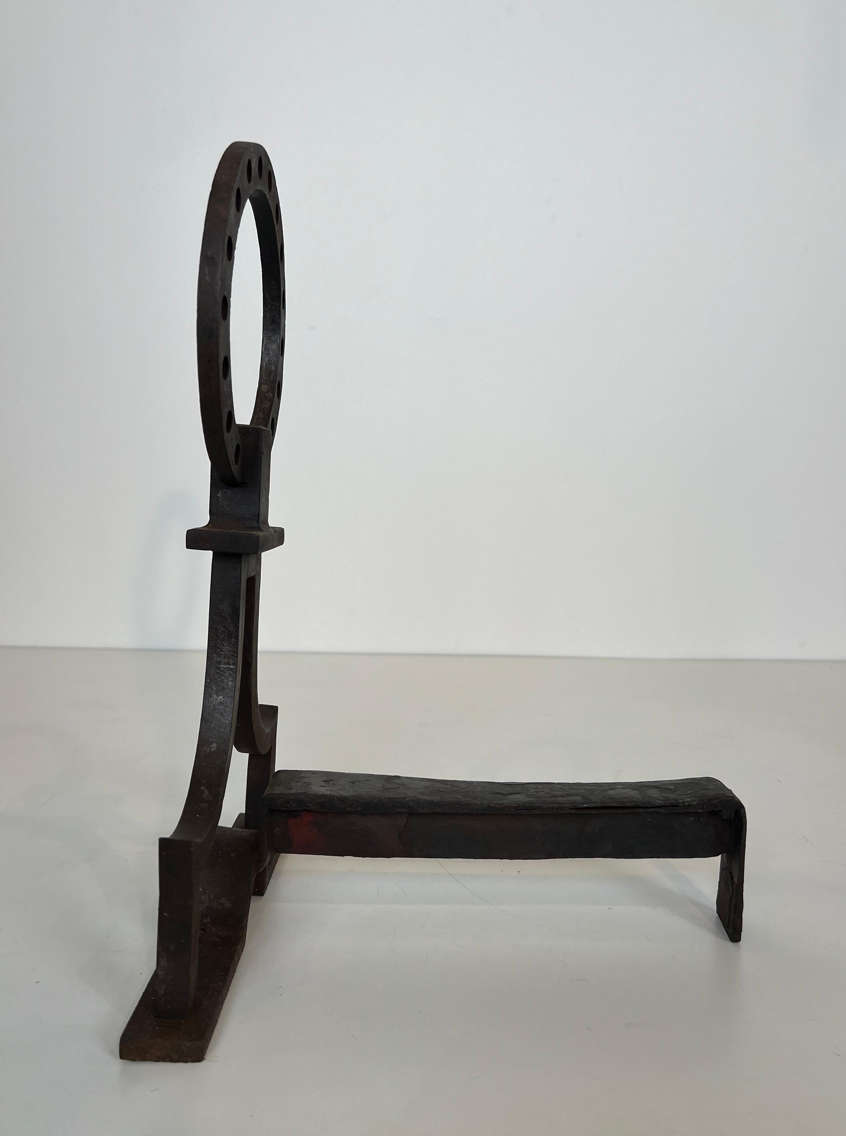 Pair of modernist wrought iron andirons in the style of Gilbert Poillerat For Sale 9
