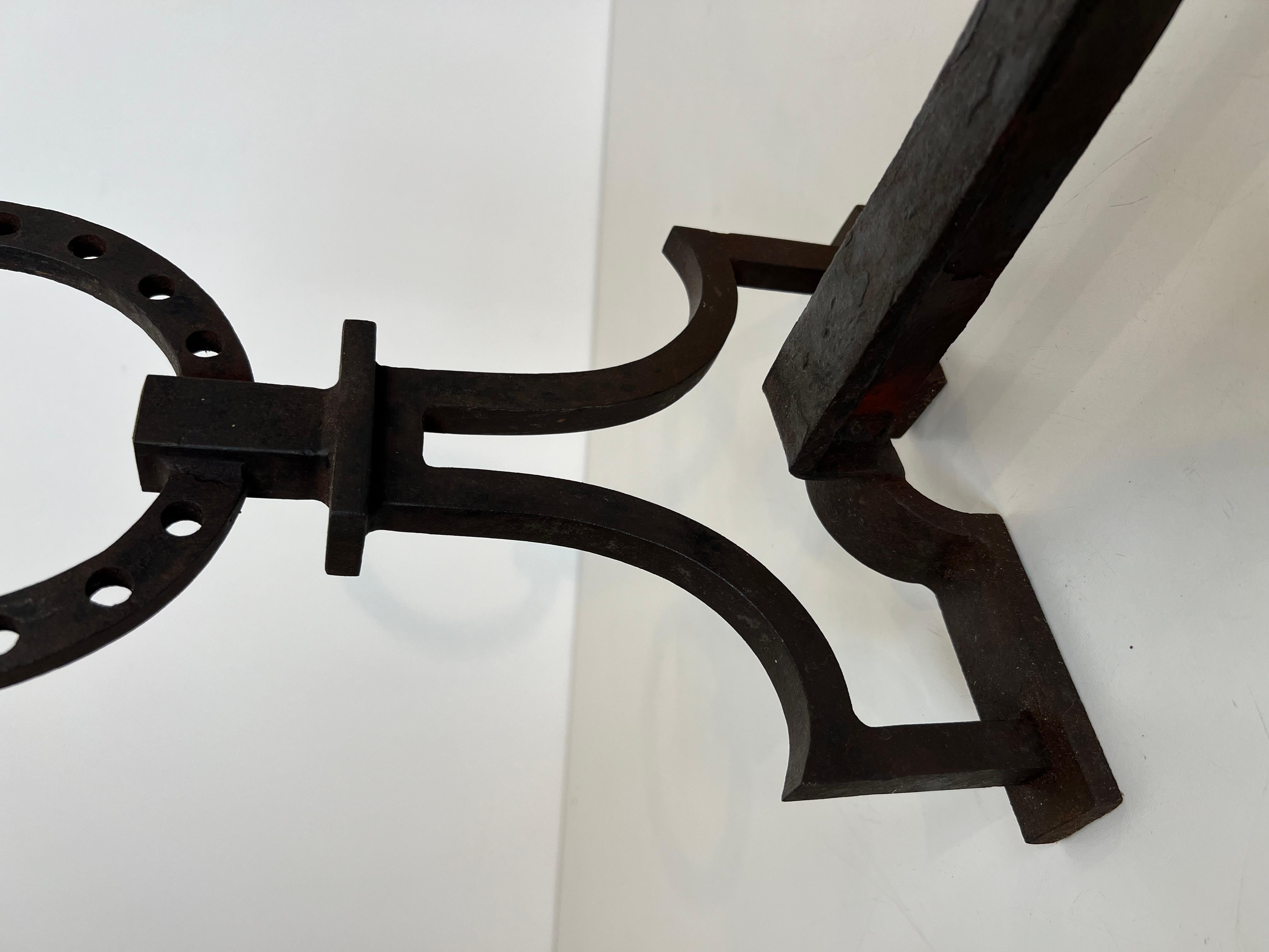 Pair of modernist wrought iron andirons in the style of Gilbert Poillerat For Sale 11