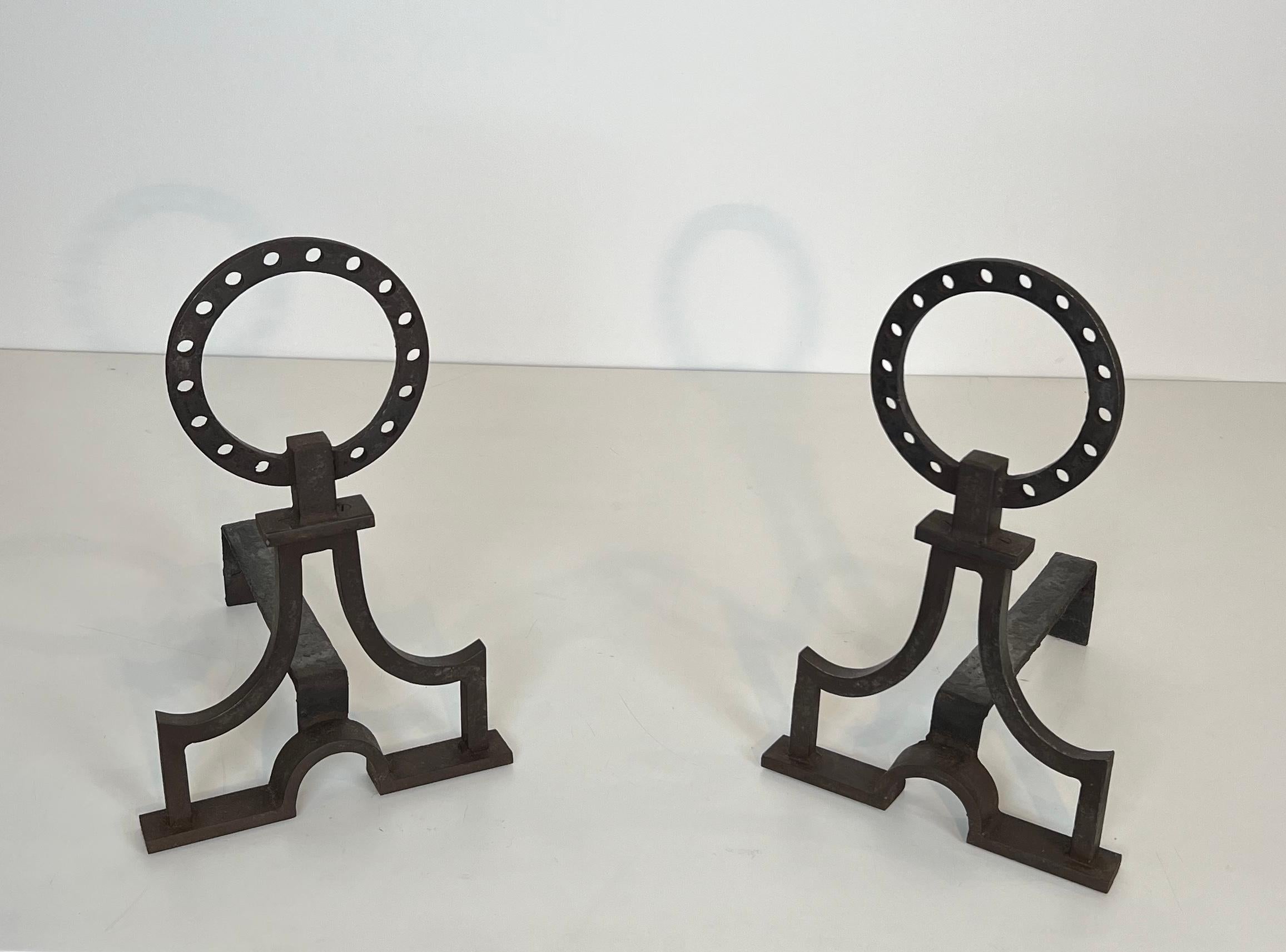 Pair of modernist wrought iron andirons in the style of Gilbert Poillerat For Sale 12