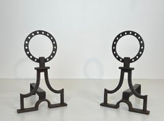 Pair of modernist wrought iron andirons in the style of Gilbert Poillerat