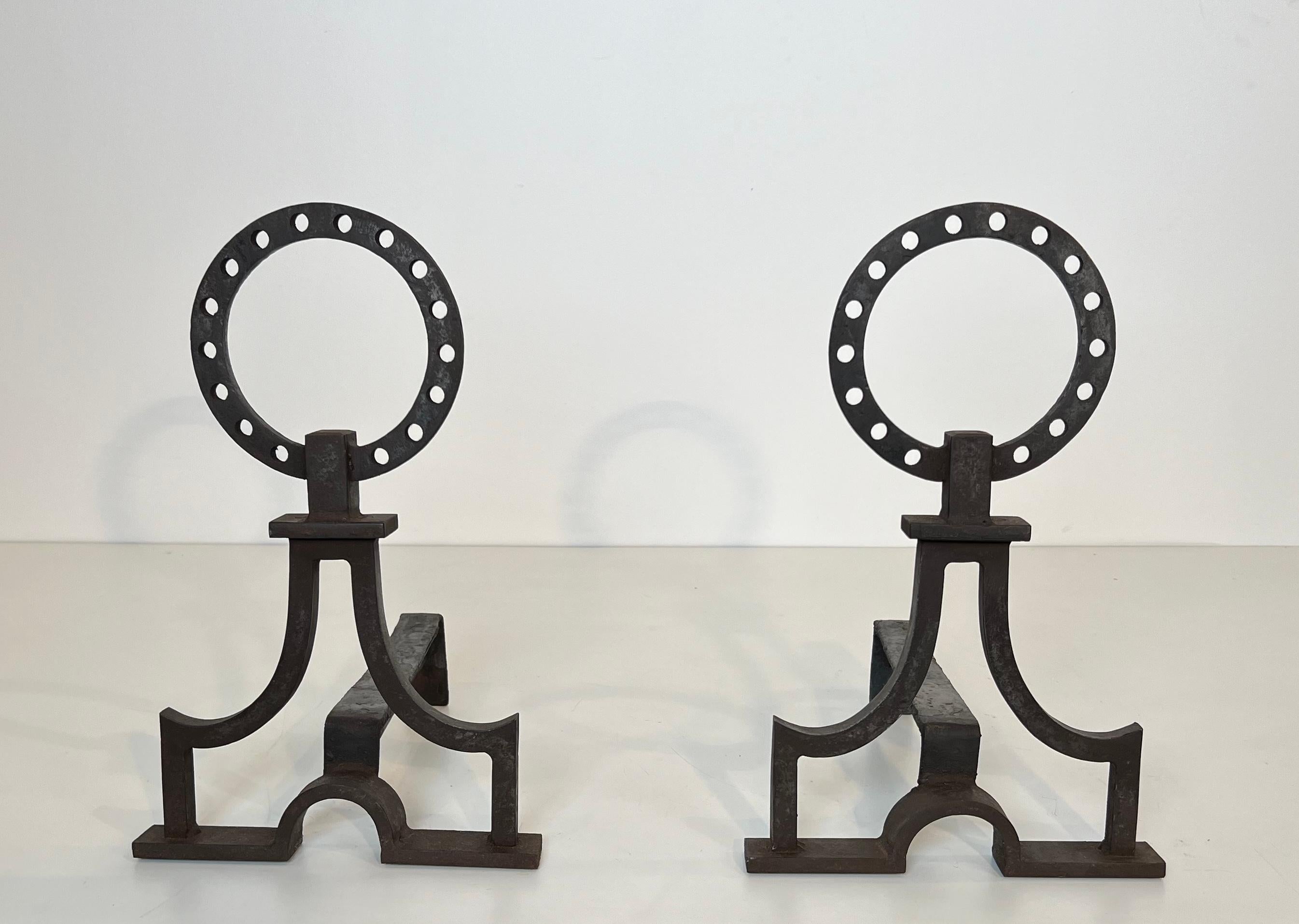 Pair of modernist wrought iron andirons in the style of Gilbert Poillerat For Sale 13