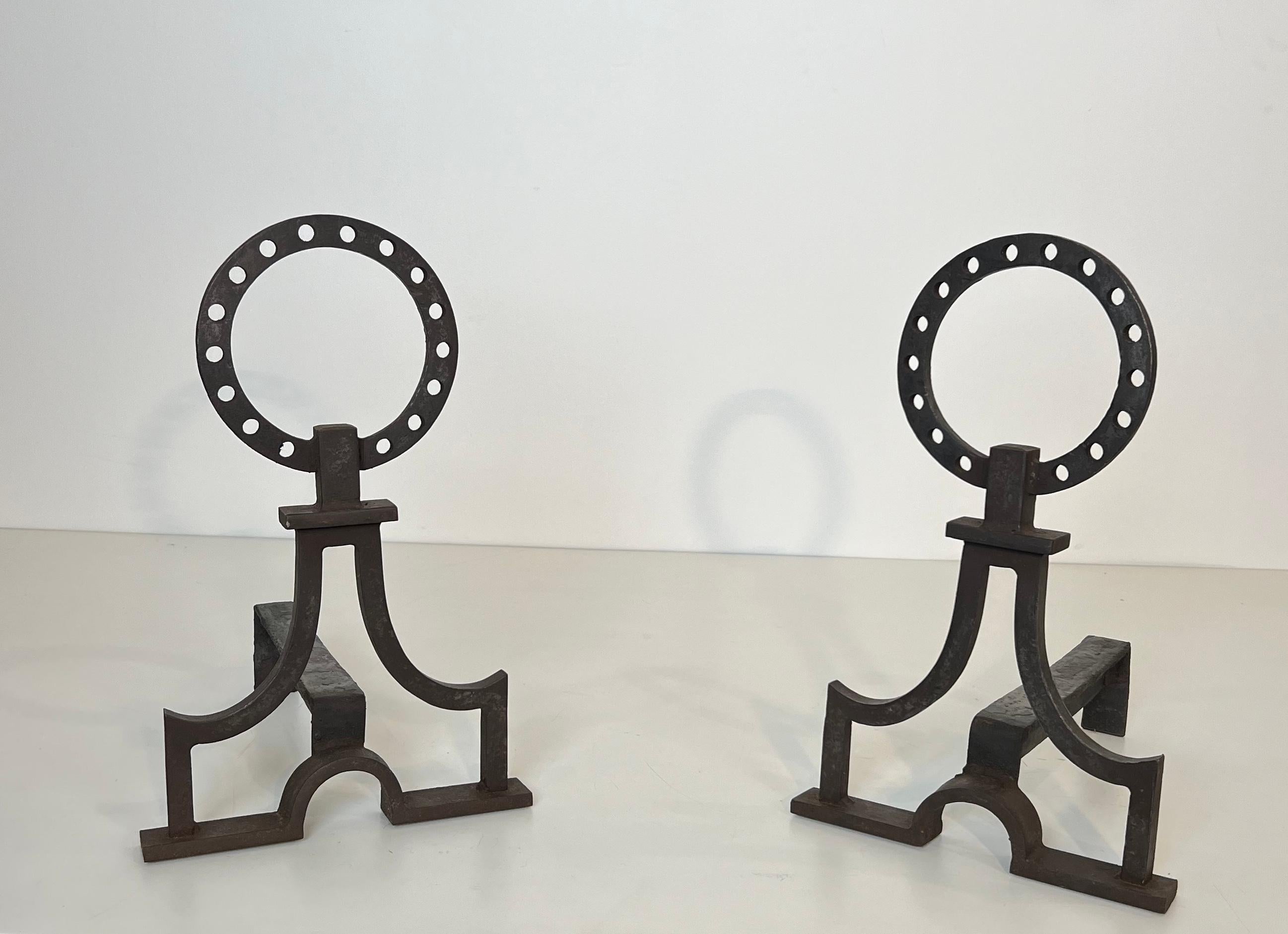 Mid-Century Modern Pair of modernist wrought iron andirons in the style of Gilbert Poillerat For Sale