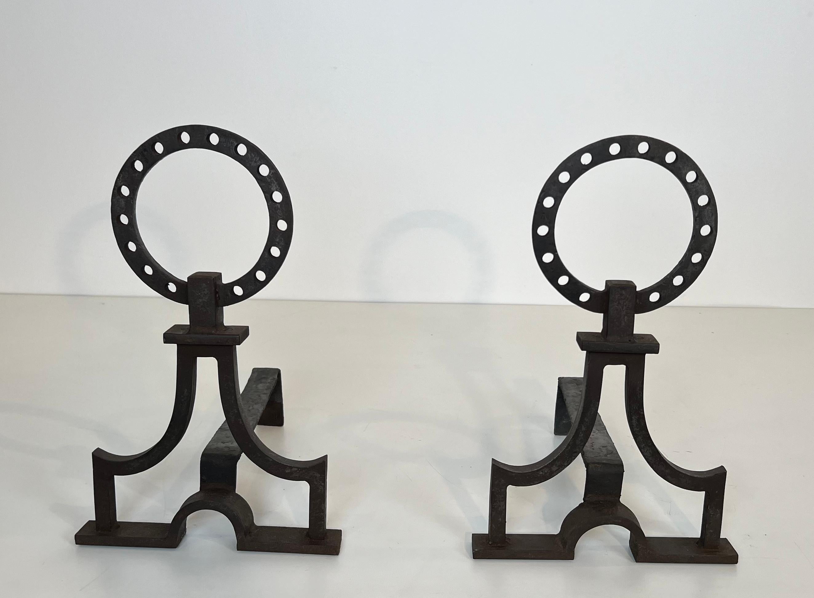 French Pair of modernist wrought iron andirons in the style of Gilbert Poillerat For Sale