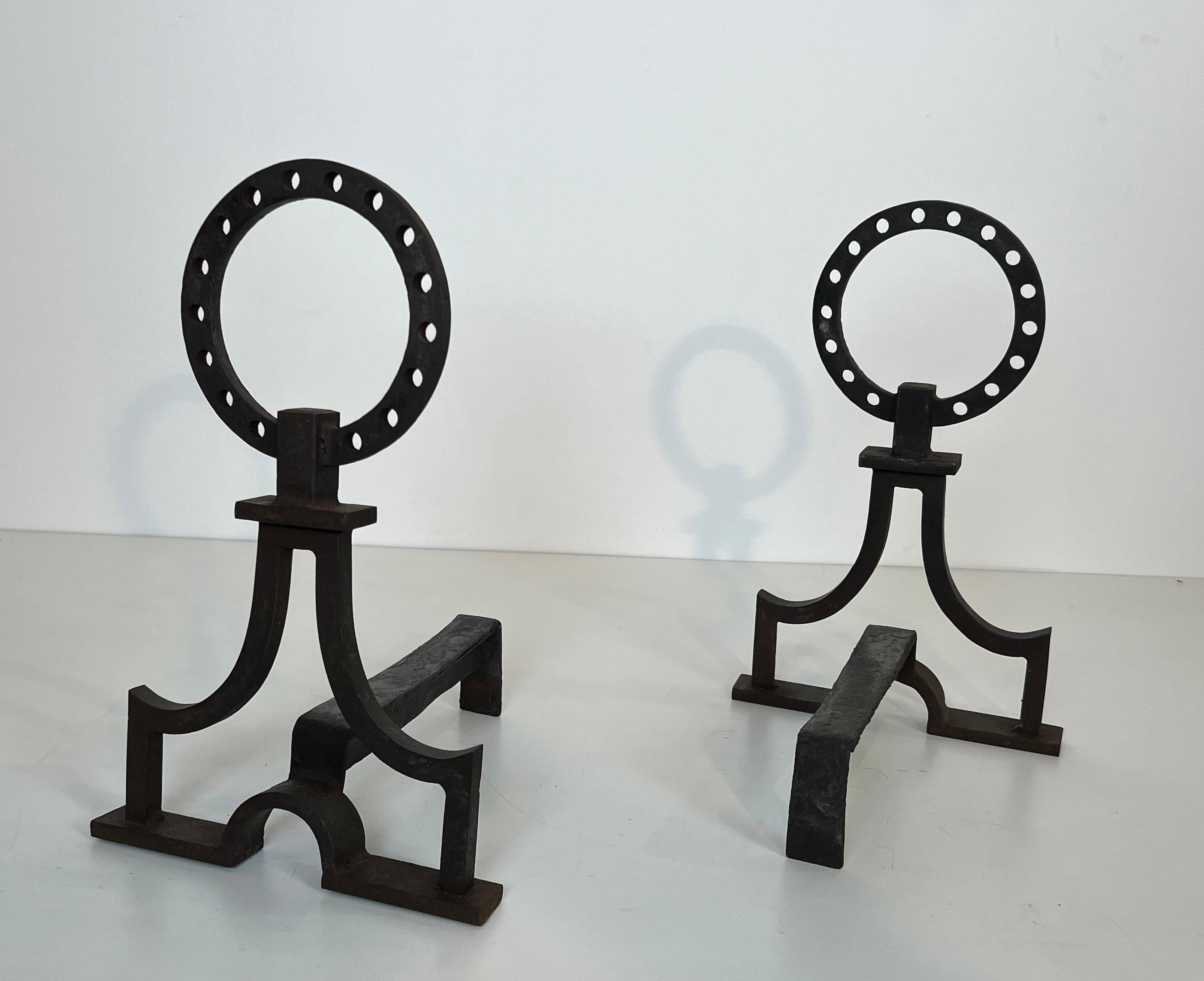 Mid-20th Century Pair of modernist wrought iron andirons in the style of Gilbert Poillerat For Sale