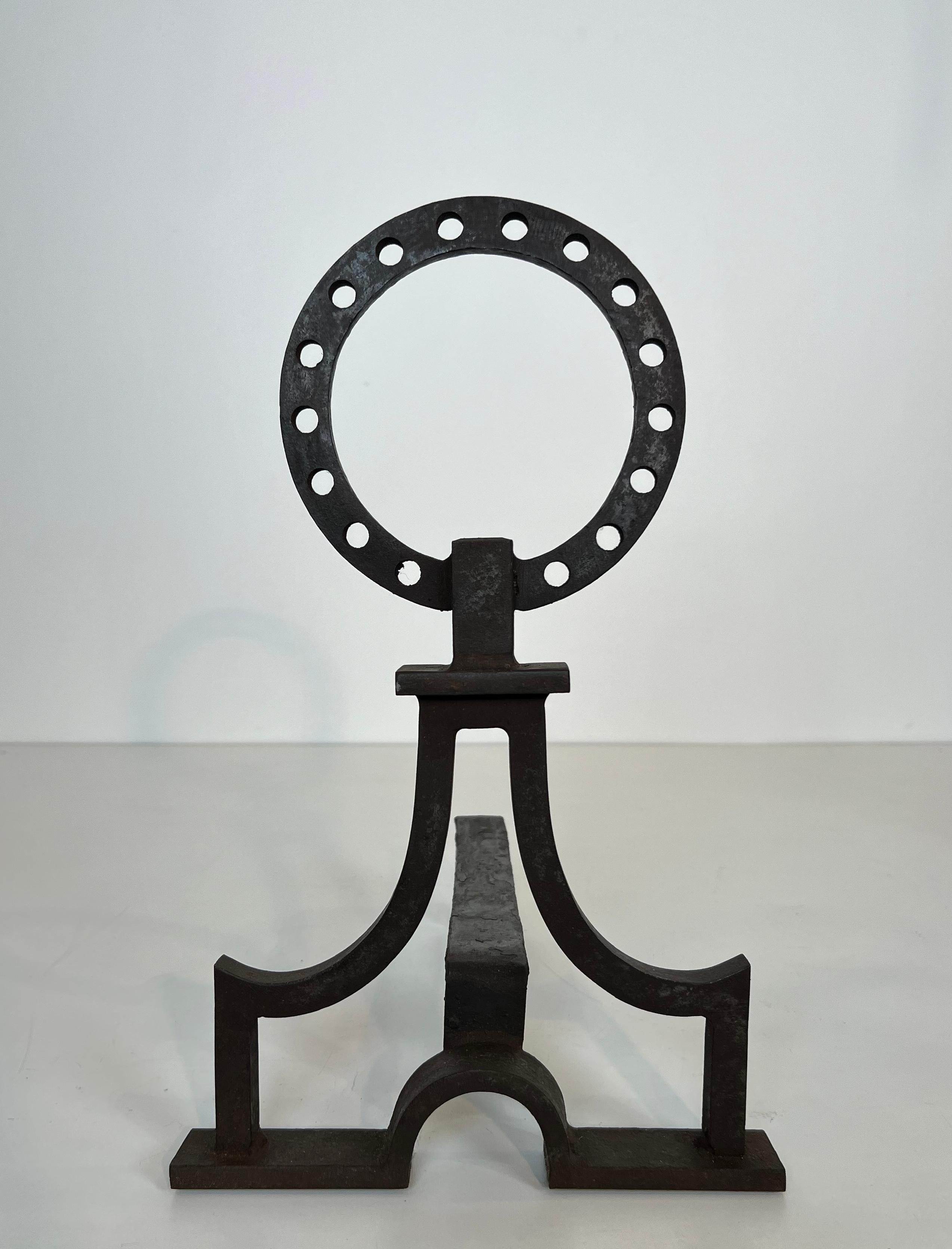Wrought Iron Pair of modernist wrought iron andirons in the style of Gilbert Poillerat For Sale