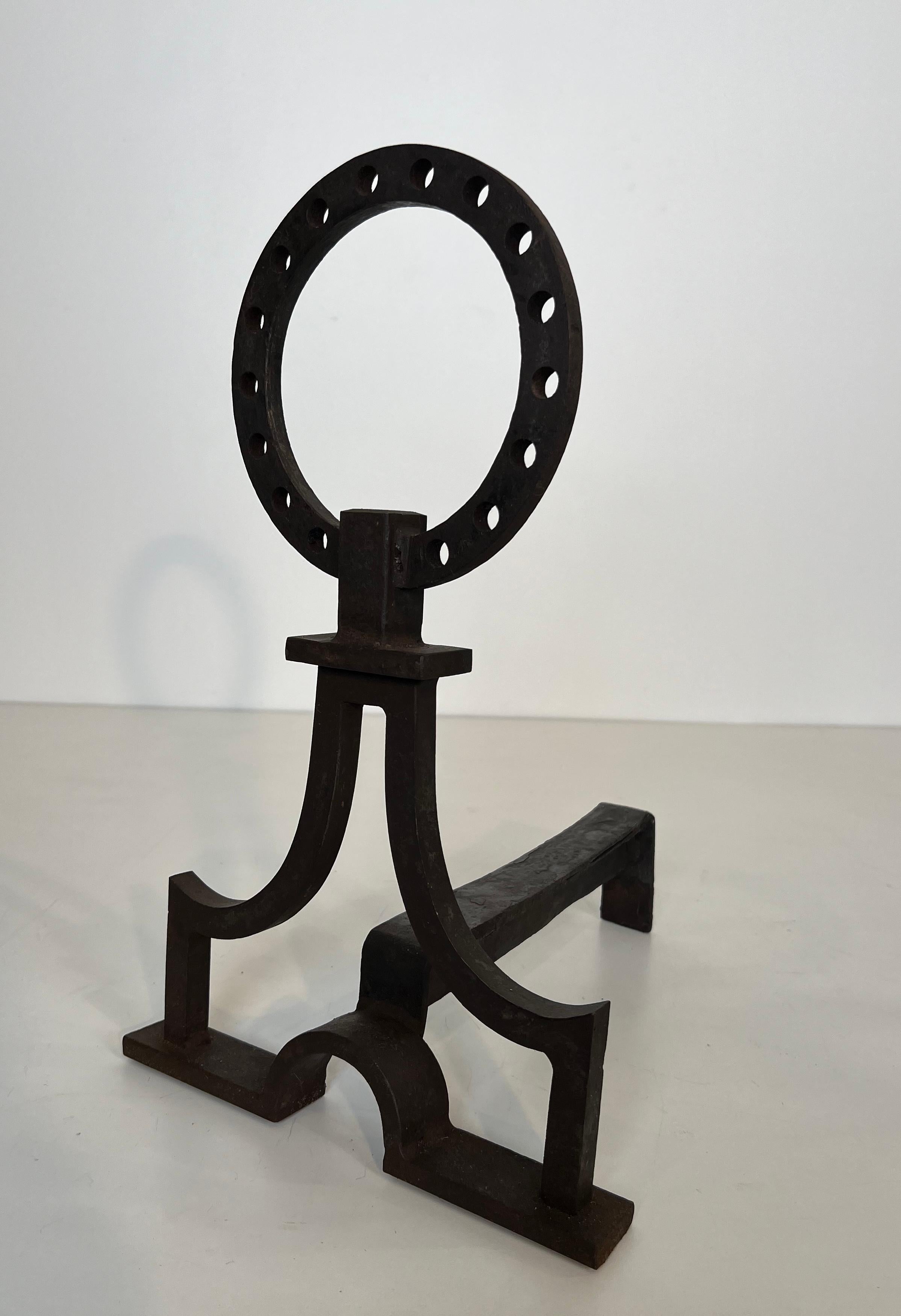 Pair of modernist wrought iron andirons in the style of Gilbert Poillerat For Sale 1