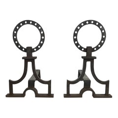 Pair of modernist wrought iron andirons in the style of Gilbert Poillerat