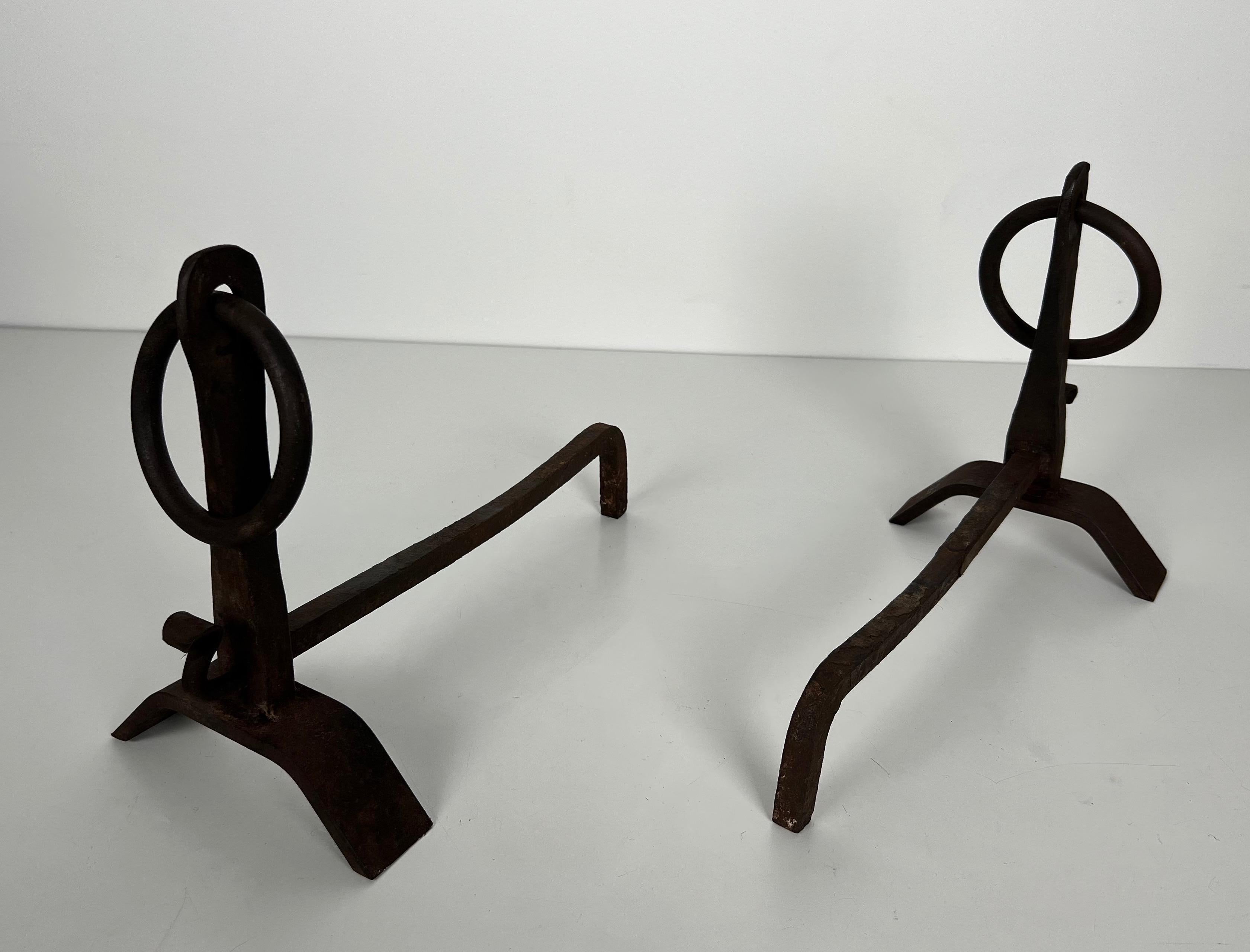 Pair of Modernist Wrought Iron Andirons in the Style of Jacques Adnet For Sale 4