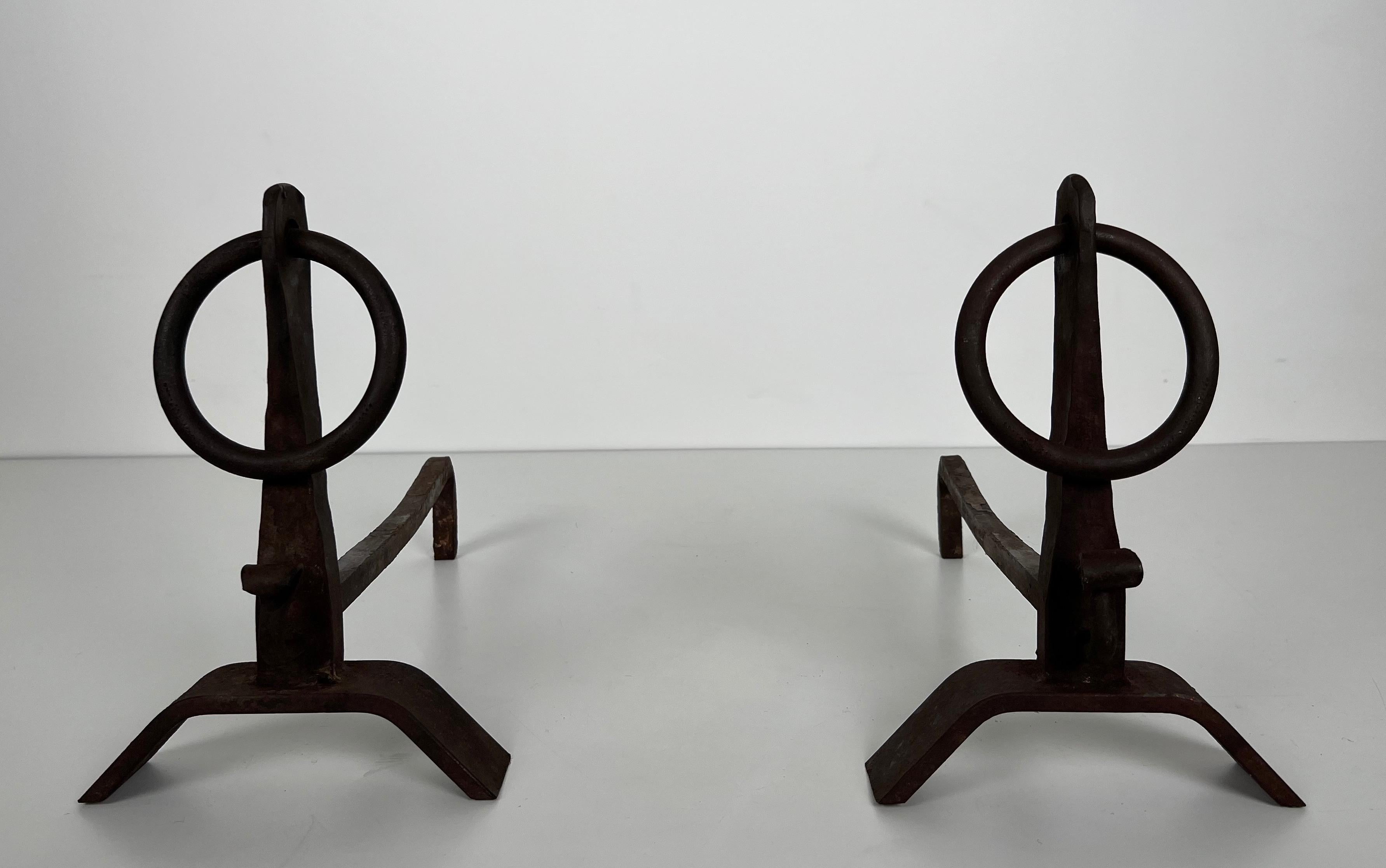 Pair of Modernist Wrought Iron Andirons in the Style of Jacques Adnet For Sale 5