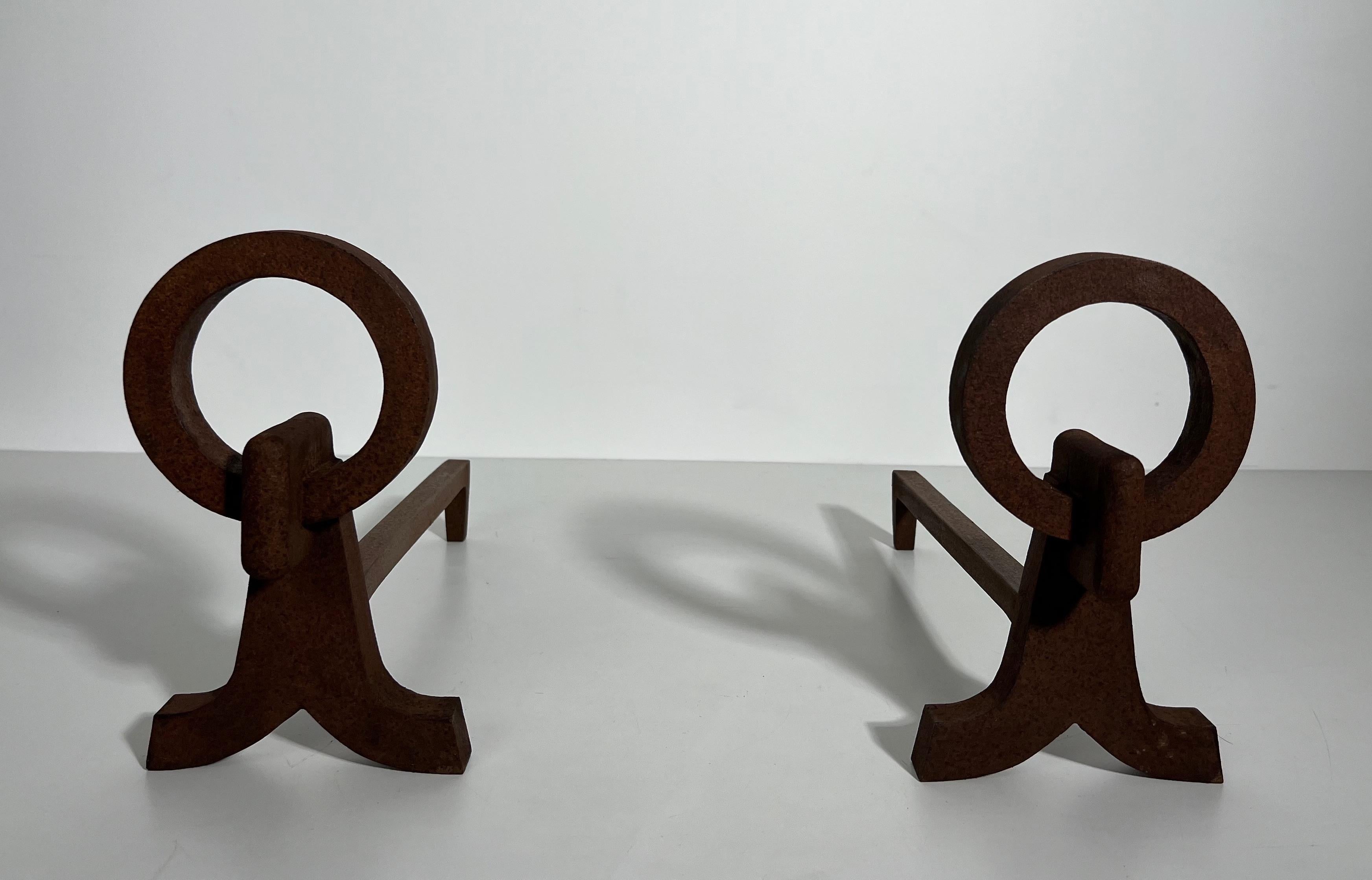 Pair of Modernist Wrought Iron Andirons in the Style of Jacques Adnet For Sale 5