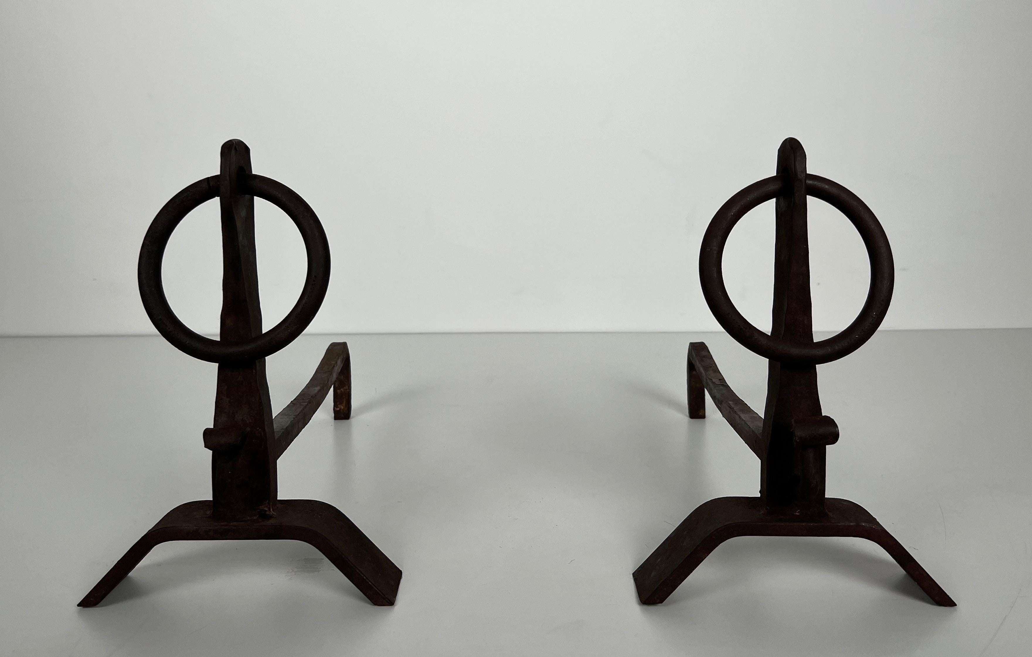 Pair of Modernist Wrought Iron Andirons in the Style of Jacques Adnet For Sale 6