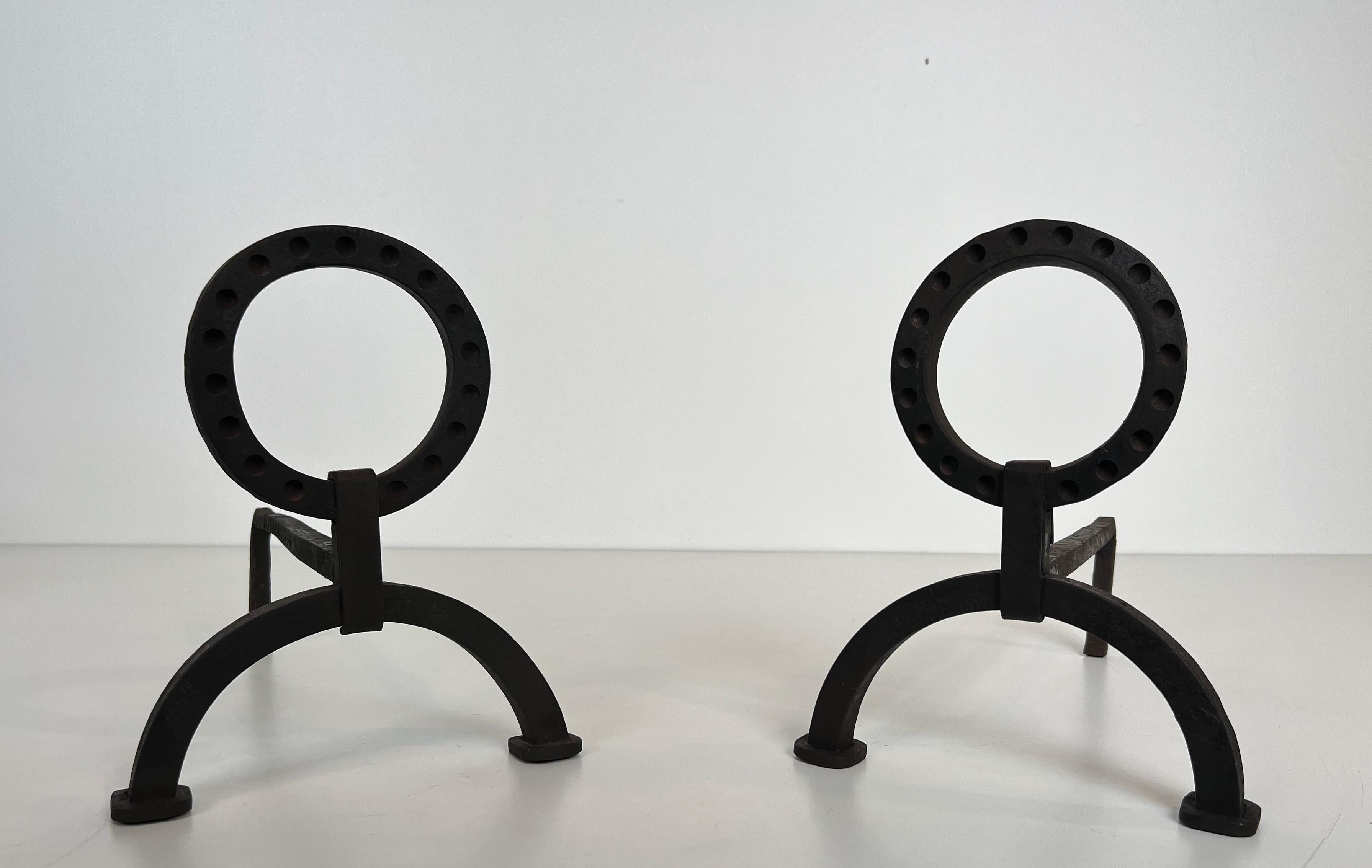 Pareja de Andirones Modernistas de Hierro Forjado al Estilo de Jacques Adnet en venta 9