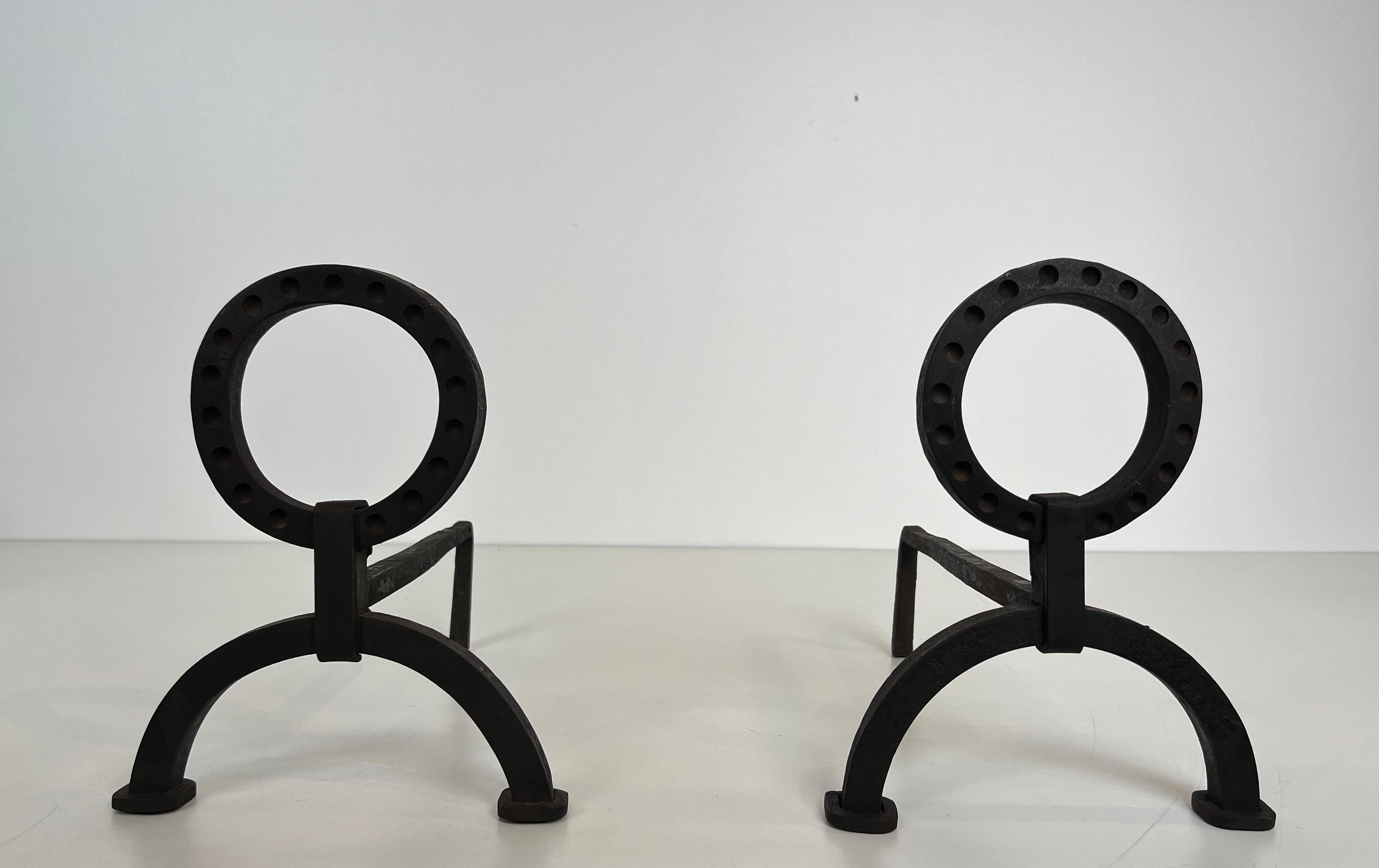 Pareja de Andirones Modernistas de Hierro Forjado al Estilo de Jacques Adnet en venta 10