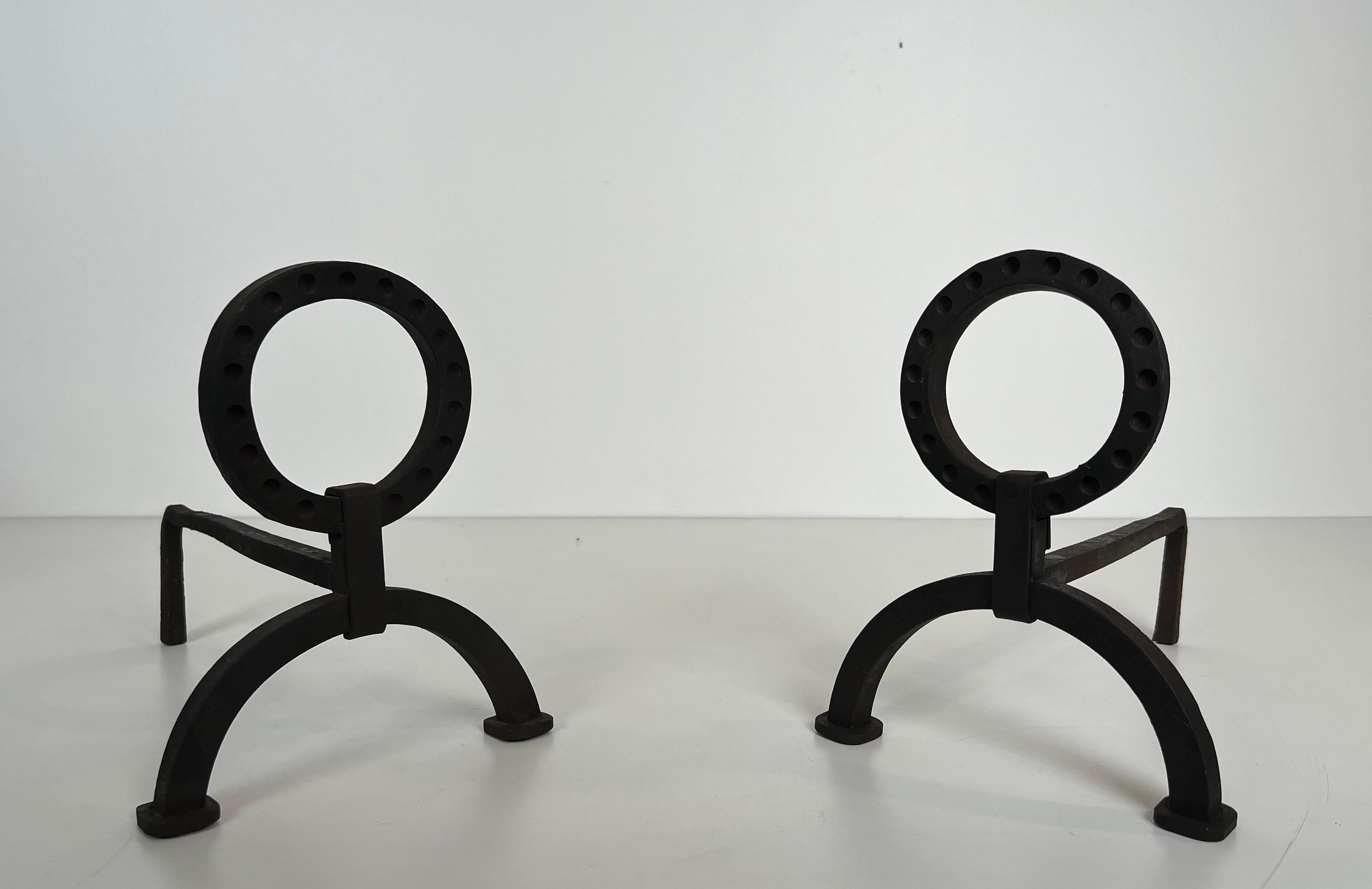Pareja de Andirones Modernistas de Hierro Forjado al Estilo de Jacques Adnet en venta 11