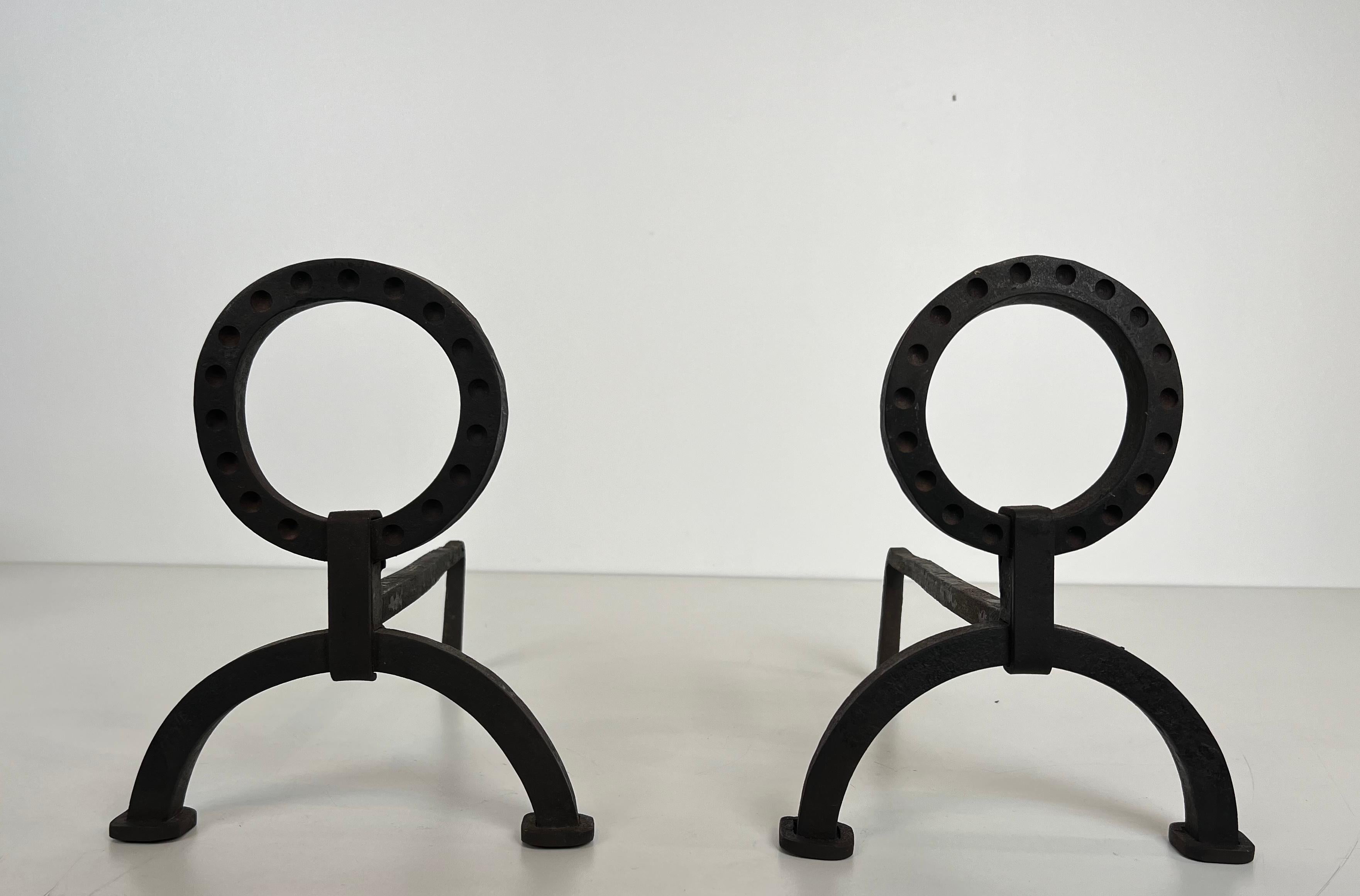 Pareja de Andirones Modernistas de Hierro Forjado al Estilo de Jacques Adnet en venta 12