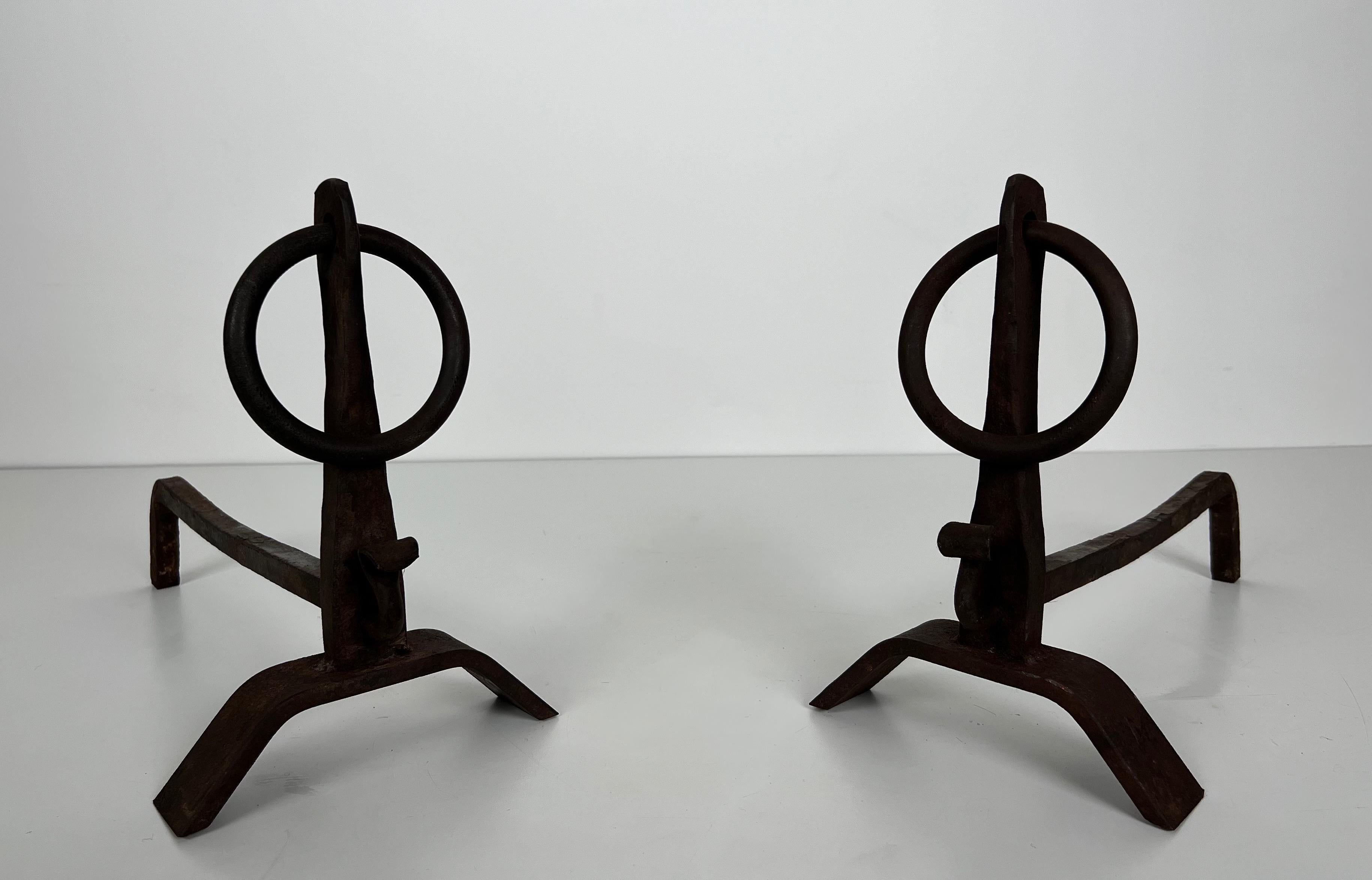 Mid-Century Modern Pair of Modernist Wrought Iron Andirons in the Style of Jacques Adnet For Sale