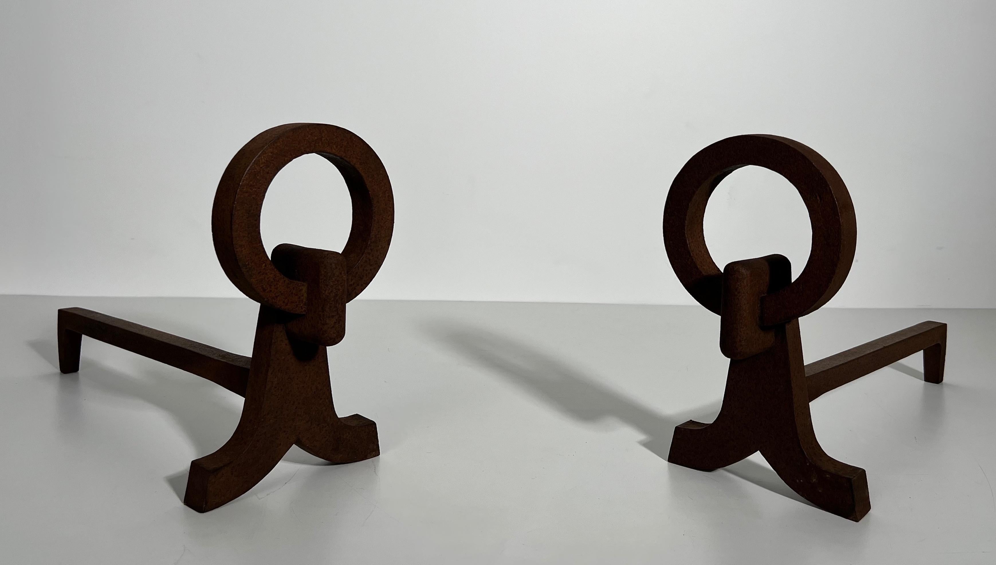 Mid-Century Modern Pair of Modernist Wrought Iron Andirons in the Style of Jacques Adnet For Sale