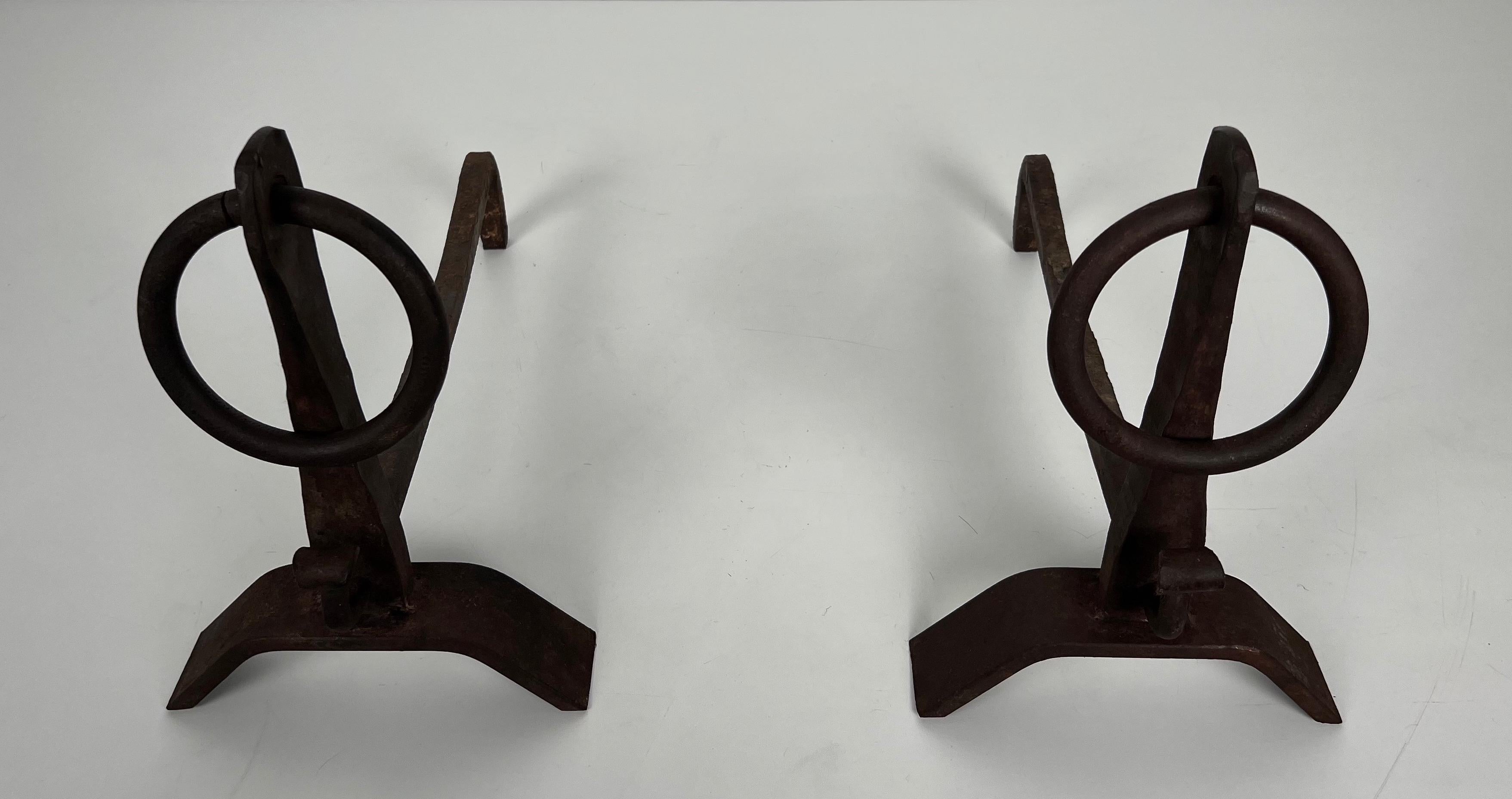 French Pair of Modernist Wrought Iron Andirons in the Style of Jacques Adnet For Sale
